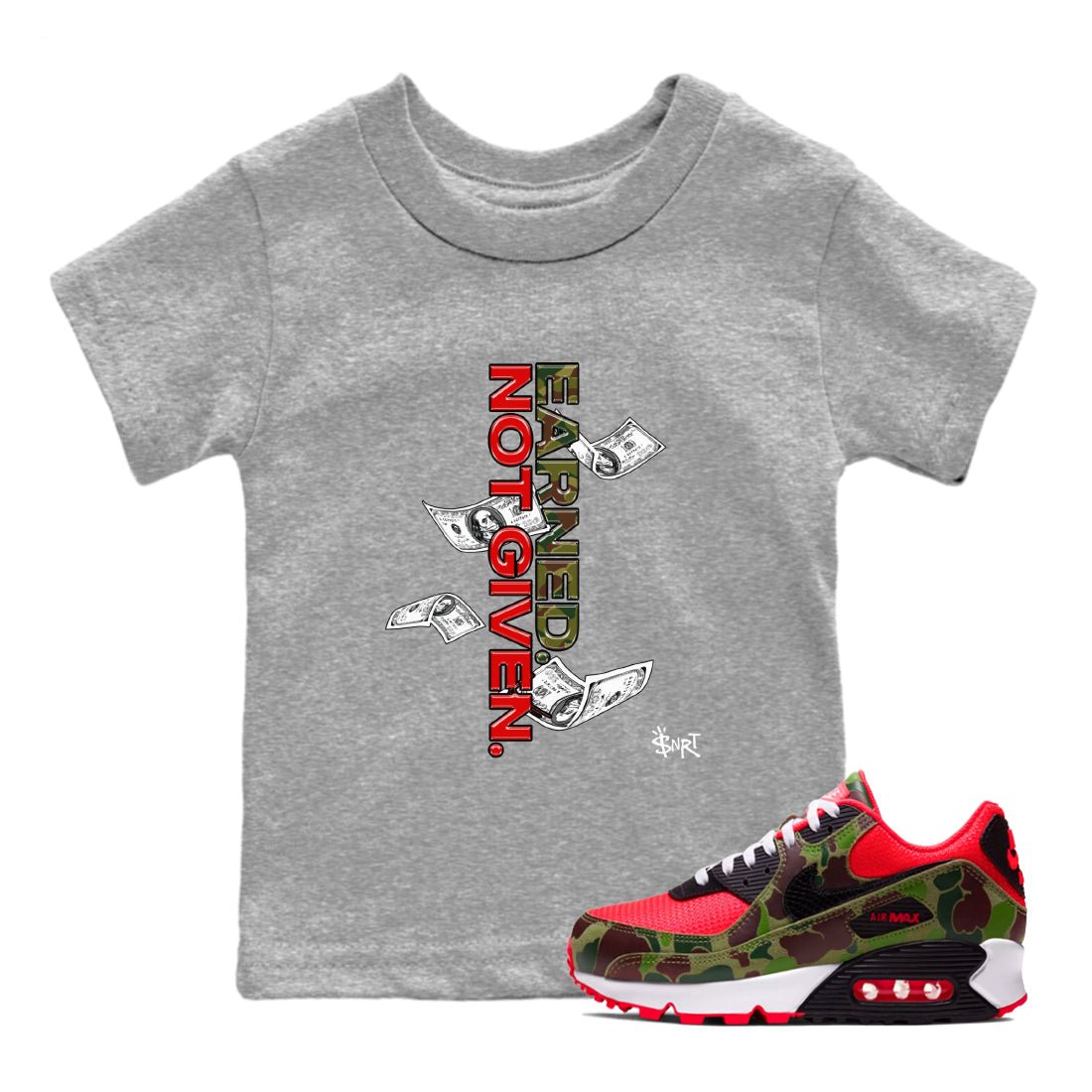 Air Max 90 Duck Camo shirts to match jordans Earned Not Given sneaker match tees Air Max 90 Reverse Duck Camo match shoes to clothes SNRT Sneaker Tees Youth Baby Heather Grey 1 tee