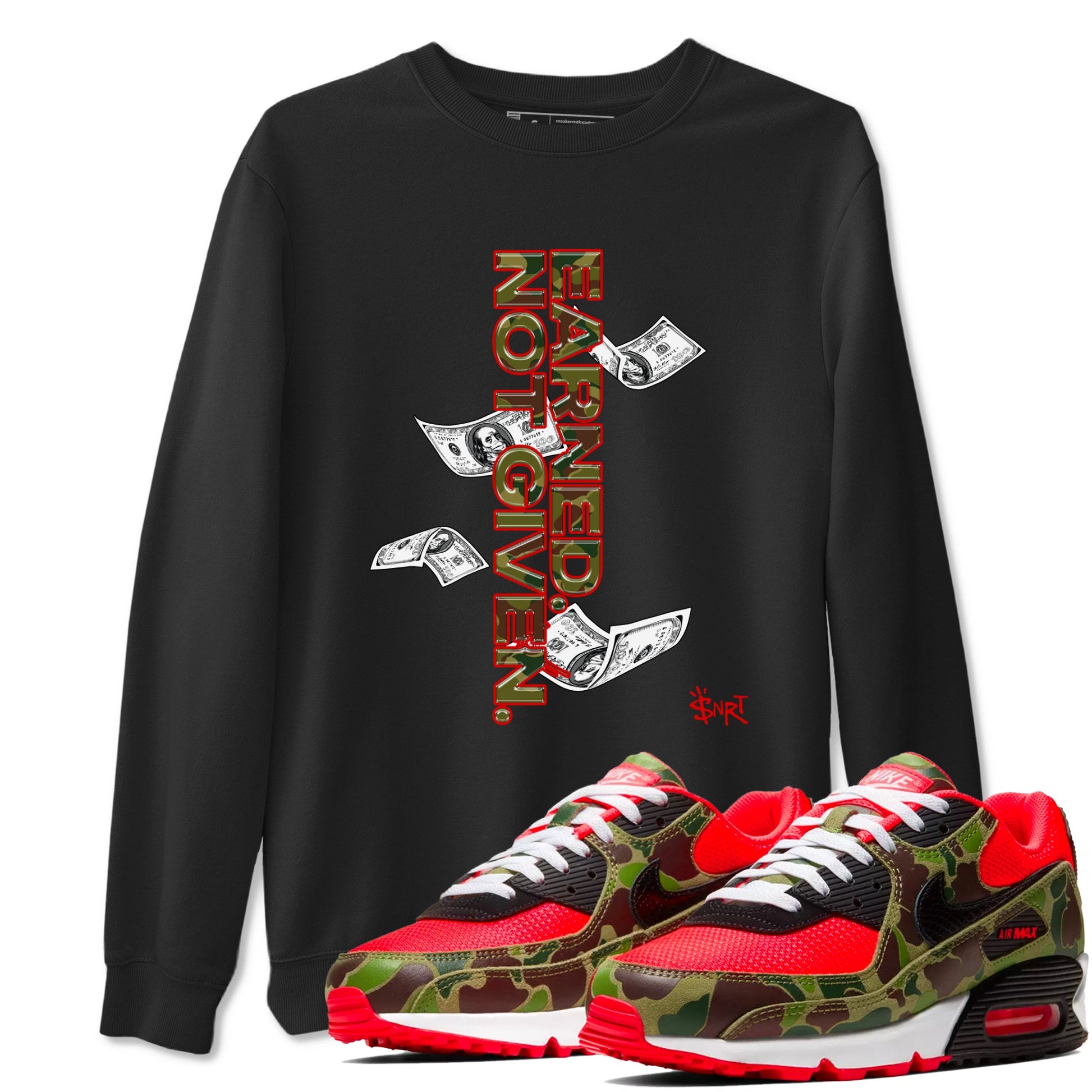 Air Max 90 Duck Camo shirts to match jordans Earned Not Given sneaker match tees Air Max 90 Reverse Duck Camo match shoes to clothes SNRT Sneaker Tees unisex cotton Black 1 shirts