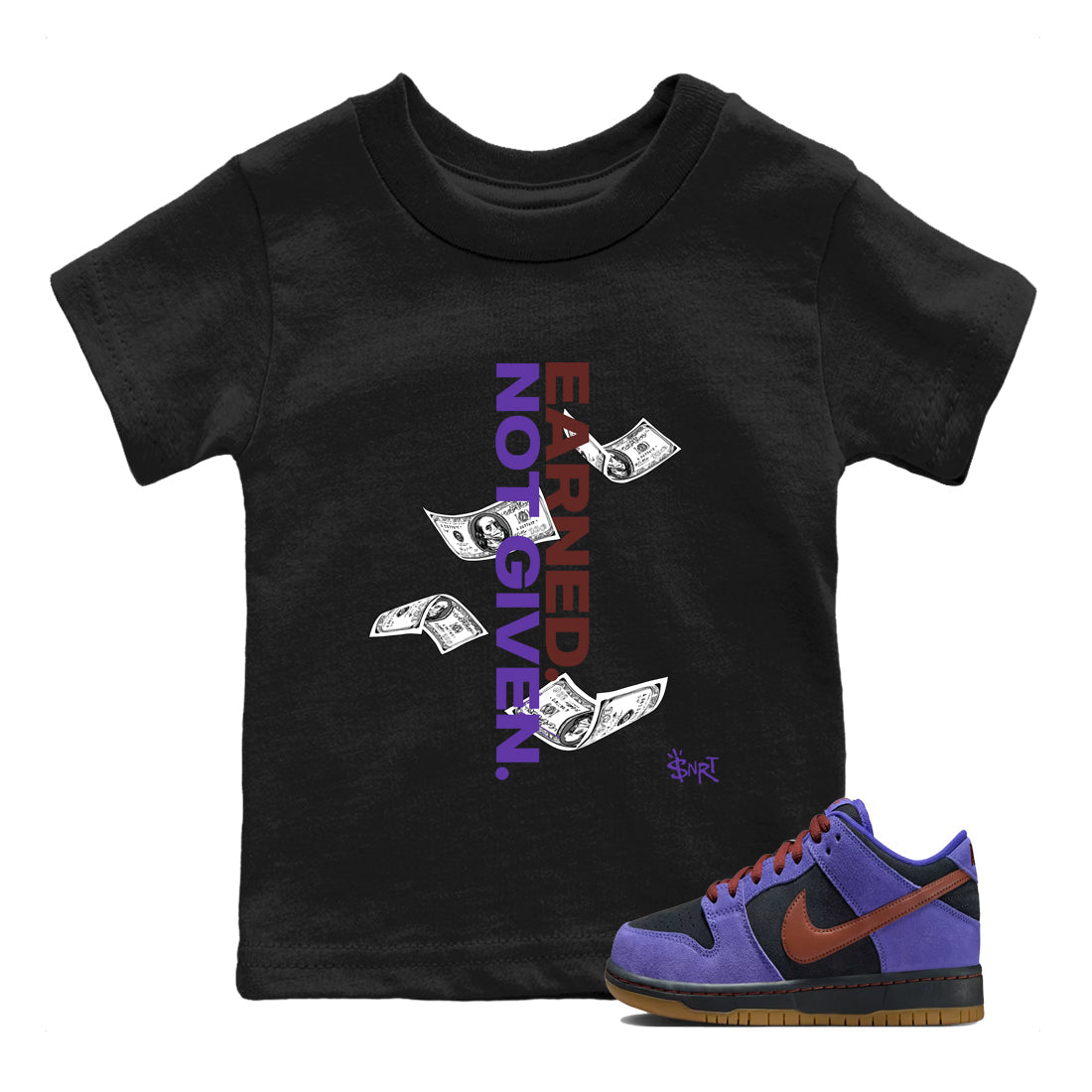 Sneaker match tees – Sneaker Threads To Match Dunk Low Persian Violet Shoes – Earned Not Given Kids T-Shirt Black 1