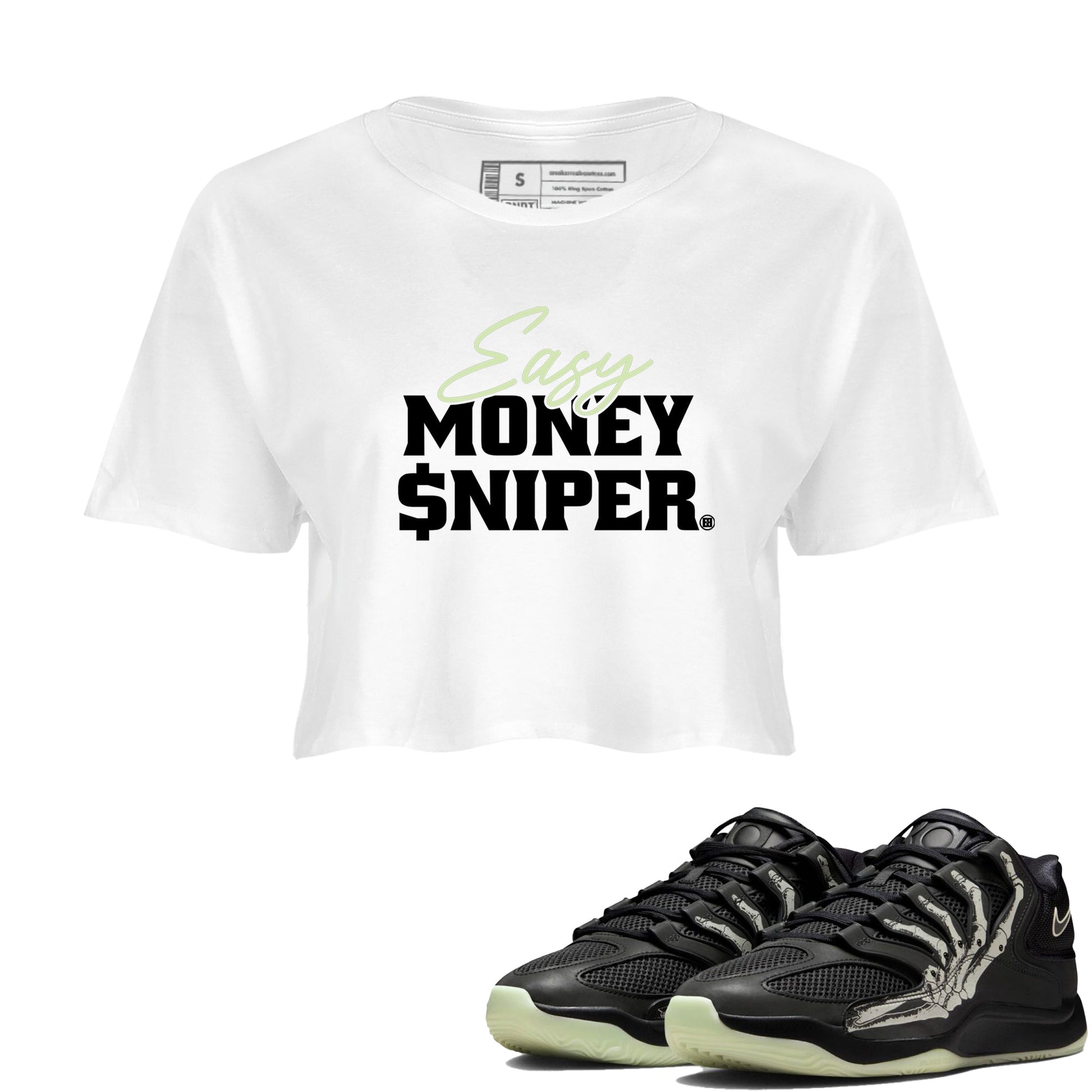 Sneaker Threads – Sneaker Tees To Match Nike KD 18 Halloween – Easy Money Sniper Crop Tee White 1. Perfect for Jordan releases 2025 colorways. Perfect for Kevin Durant sneaker releases and Halloween 2025 colorways.