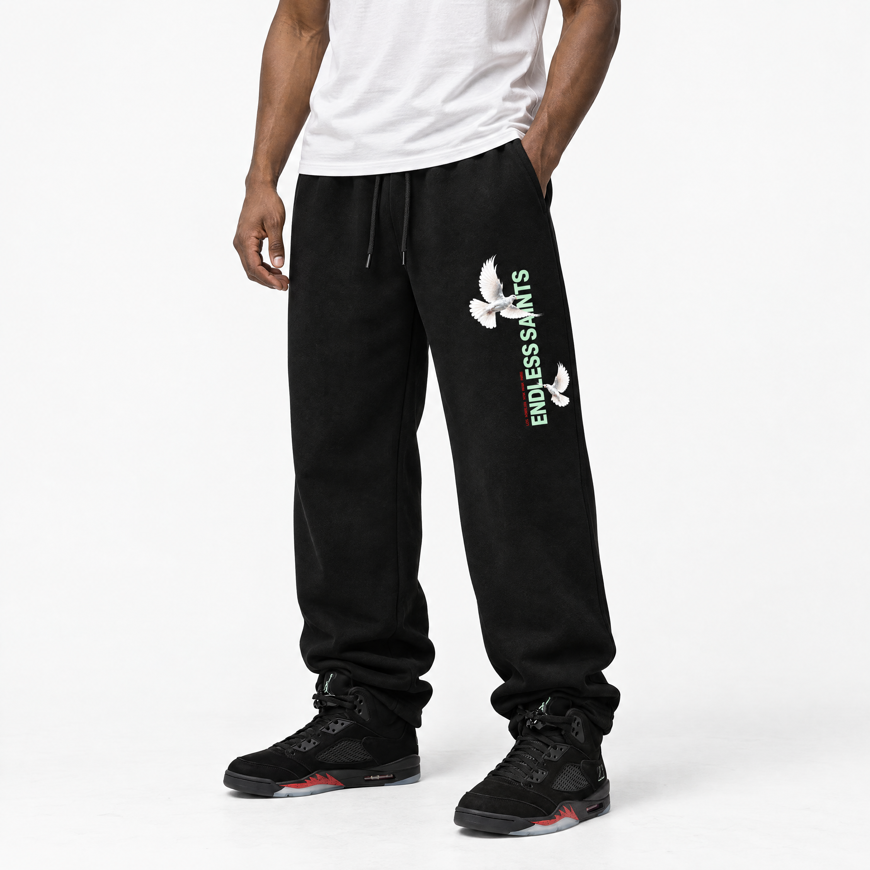 Endless Saitns graphic wide cut sweatpants designed to match the Air Jordan 5 Halloween, featuring coordinated Black 1 options for a perfect streetwear vibe.
