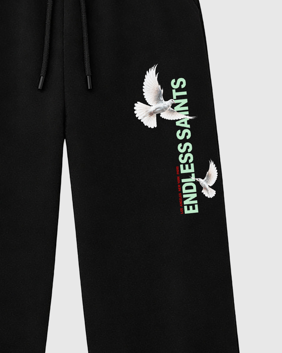 Endless Saitns graphic wide cut sweatpants designed to match the Air Jordan 5 Halloween, featuring coordinated Black 2 options for a perfect streetwear vibe.