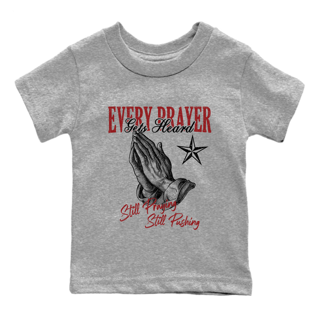 Sneaker match tees – Sneaker Tees To Match Air Foamposite Cough Drop Shoes – Every Prayer Gets Heard Kids T-Shirt Heather Grey 2