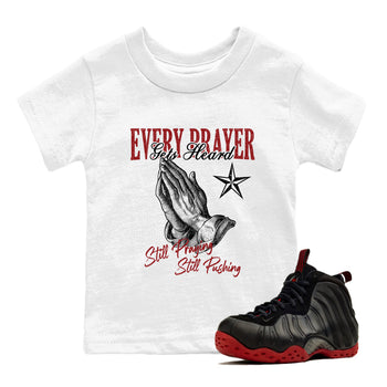 Sneaker match tees – Sneaker Tees To Match Air Foamposite Cough Drop Shoes – Every Prayer Gets Heard Kids T-Shirt White 1