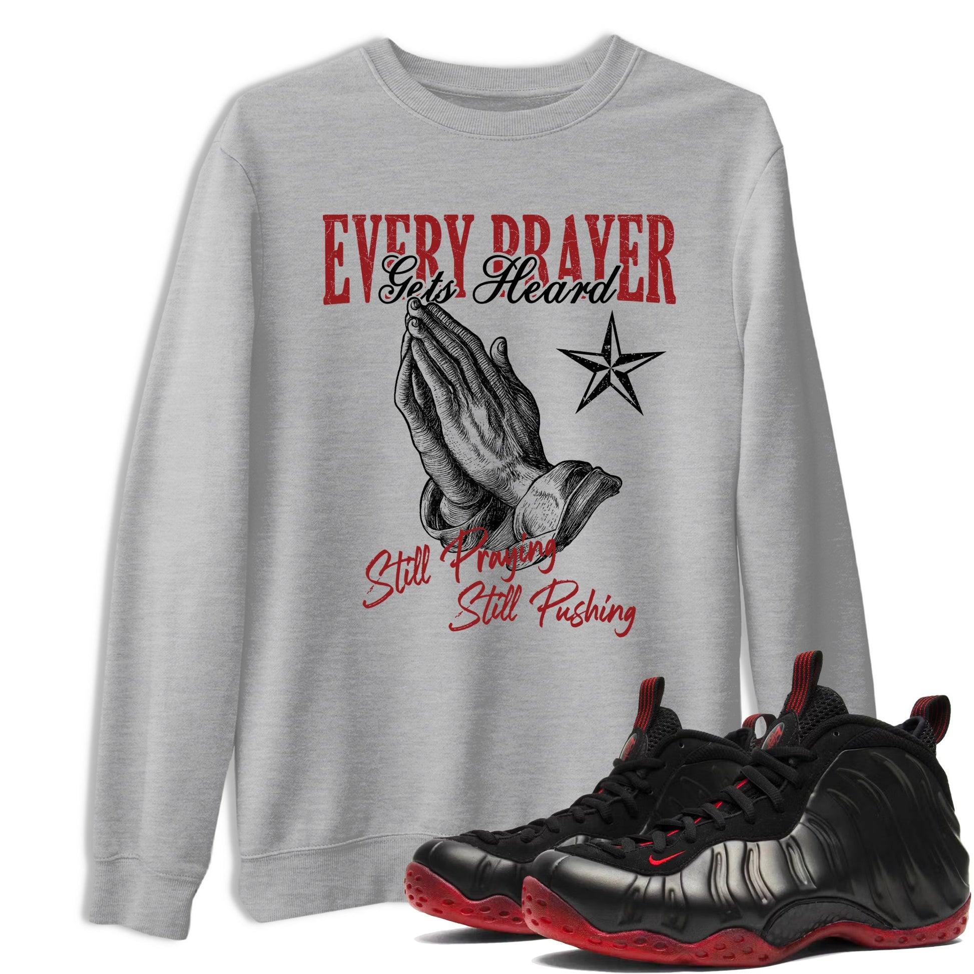 Sneaker match tees – Sneaker Tees To Match Air Foamposite Cough Drop Shoes – Every Prayer Gets Heard Tee Heather Grey 1