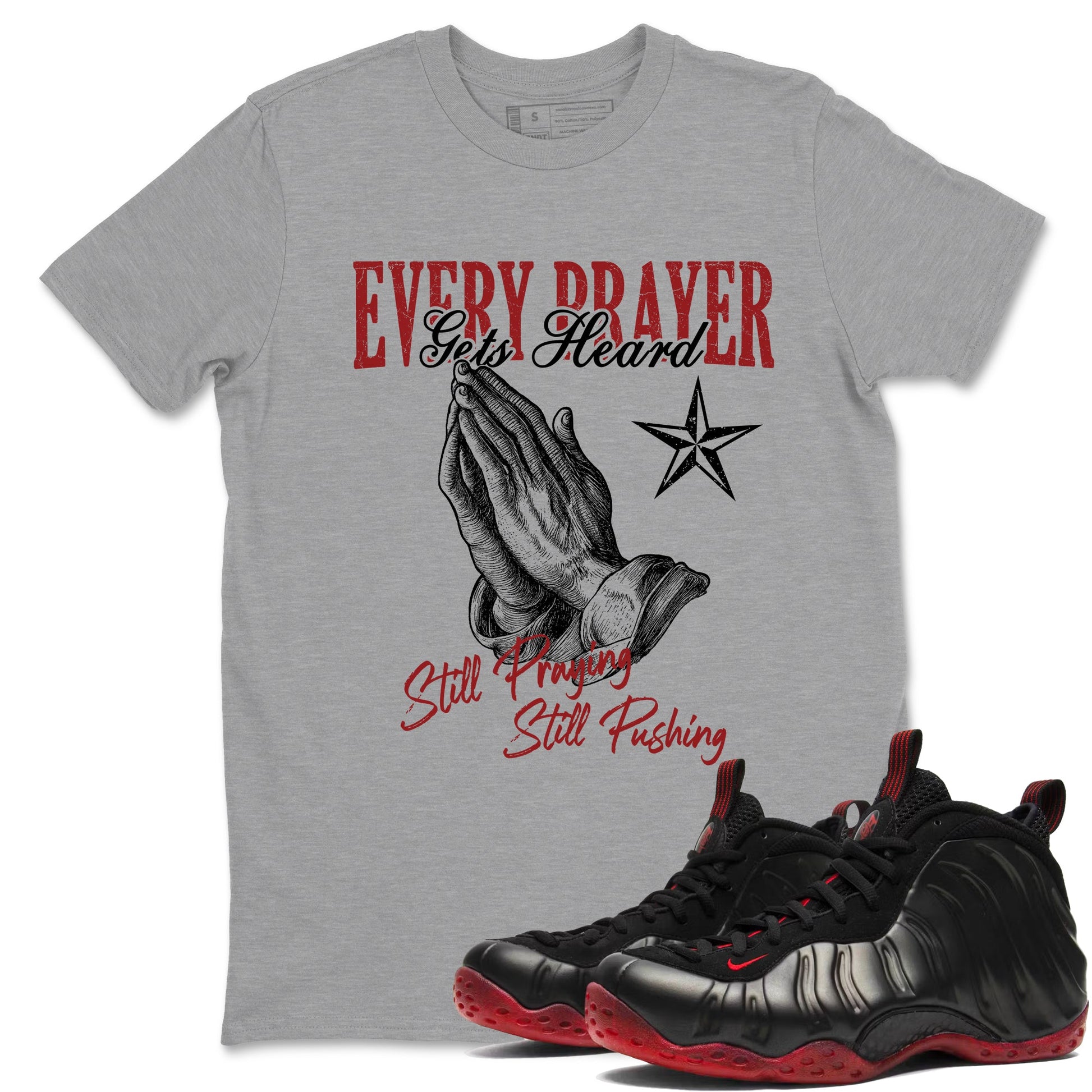 Sneaker match tees – Sneaker Tees To Match Air Foamposite Cough Drop Shoes – Every Prayer Gets Heard Tee Heather Grey 1