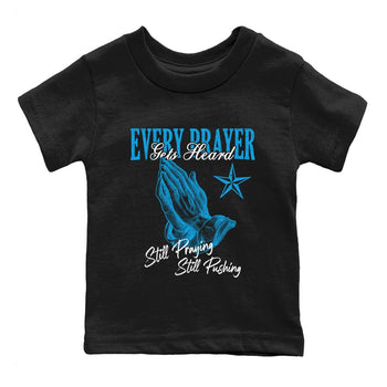 Every Prayer Gets Heard baby and kids t-shirt crafted for little sneakerheads to shine with the Air Jordan 1 UNC Reimagined sneakers, displayed in Black 2.