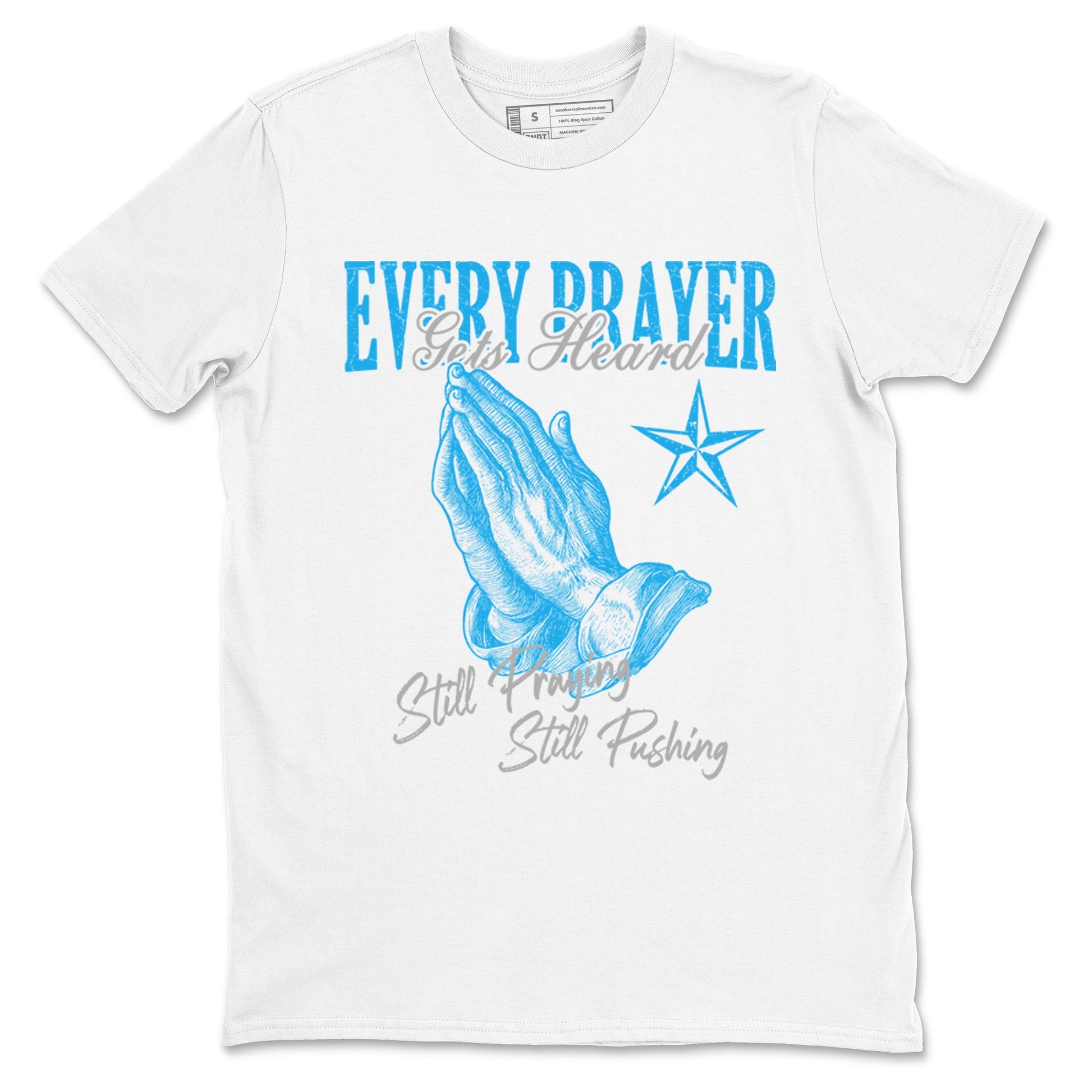 Every Prayer Gets Heard sneaker match t-shirt styled to complete your fit with the Air Jordan 1 UNC Reimagined sneakers, shown in White 2.