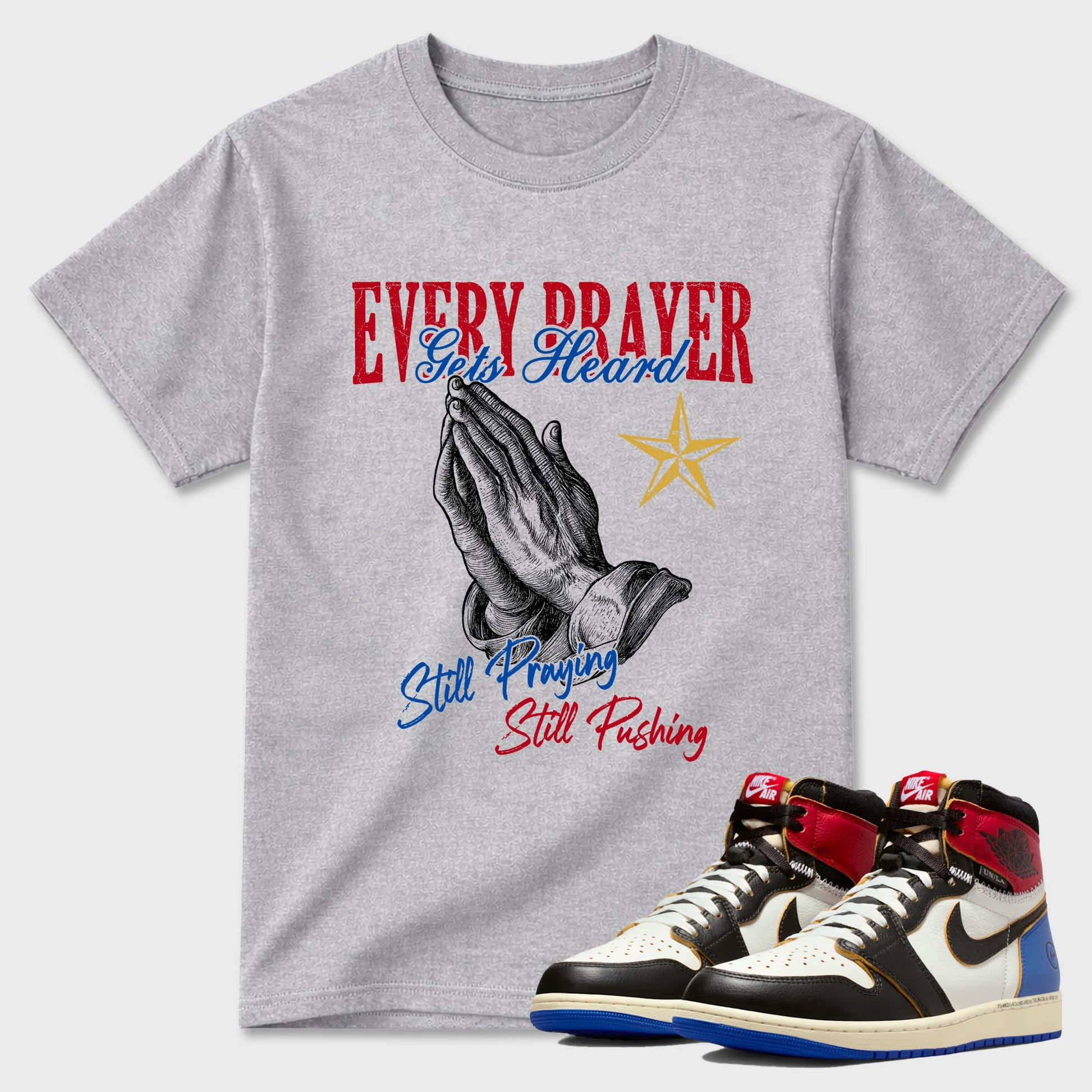 Sneaker match tees – Sneaker Tees To Match Air Jordan 1 Union x Fragment Shoes – Every Prayer Gets Heard Tee Heather Grey 1