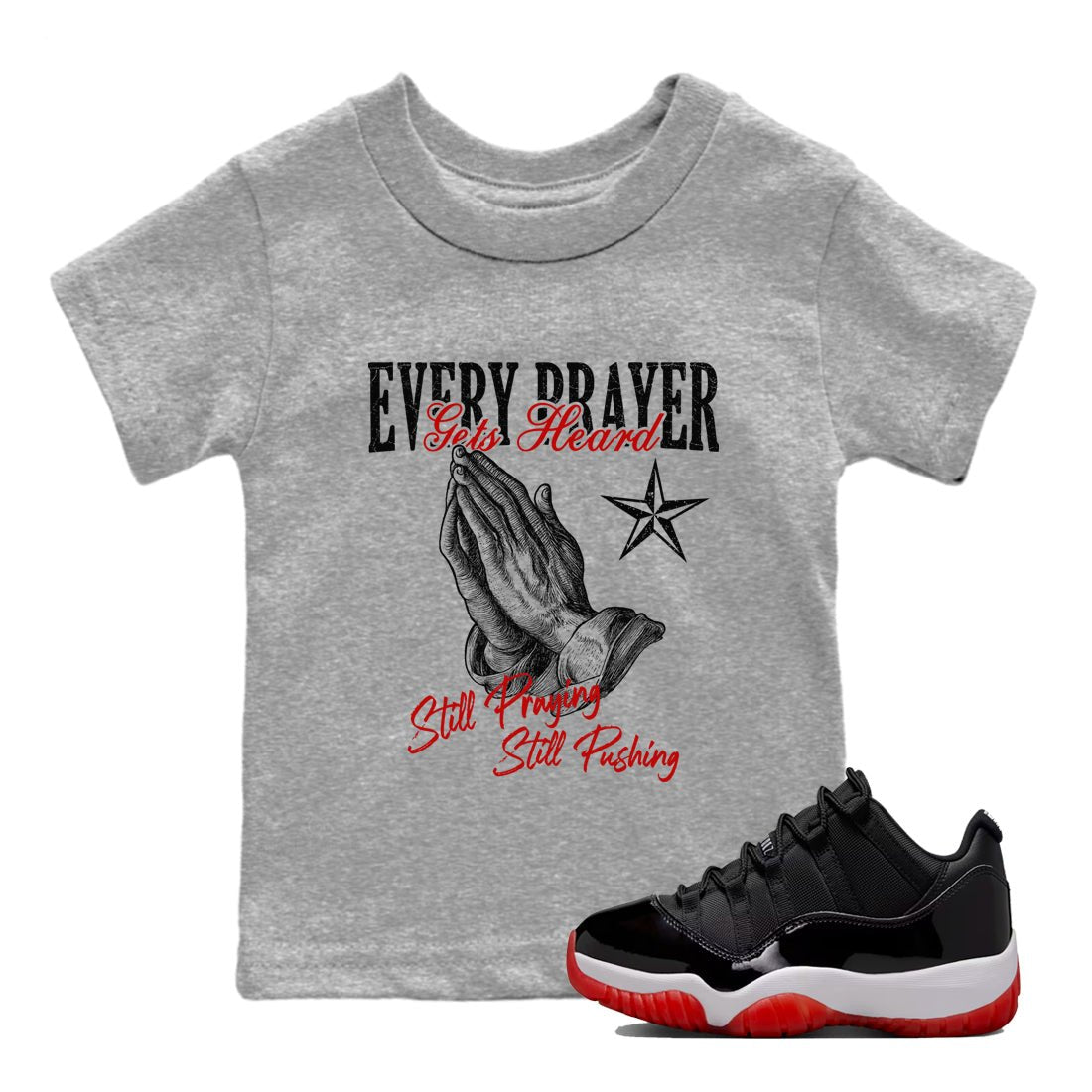 Air Jordan 11 Low Bred sneaker match tee Every Prayer Gets Heard sneaker match tees Air Jordan 11 Bred best t-shirts to match jordans SNRT Sneaker Tees Youth Baby Heather Grey 1 tee