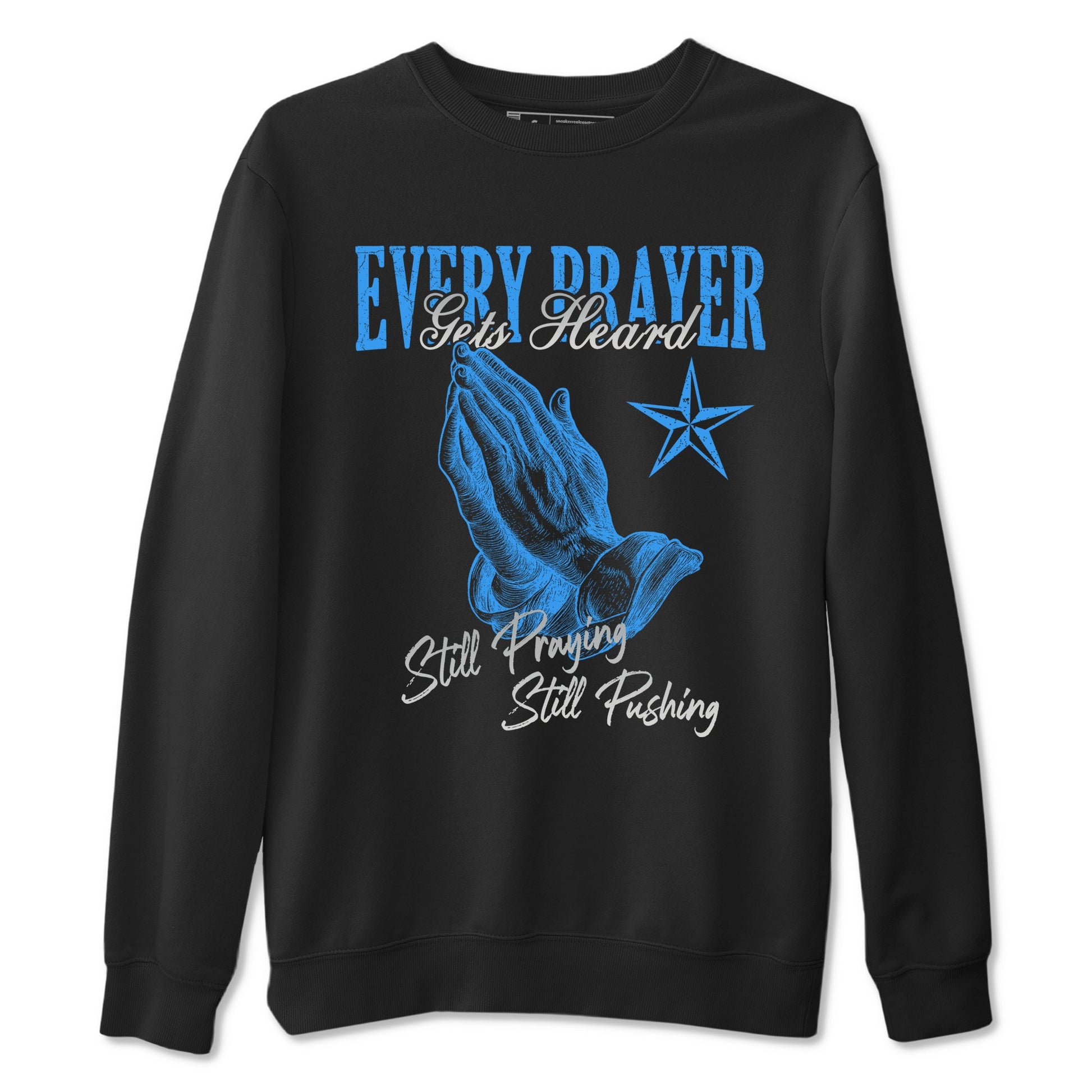 Every Prayer Gets Heard sneaker match t-shirt styled to complete your fit with the Air Jordan 12 White and University Blue sneakers, shown in Black 2.