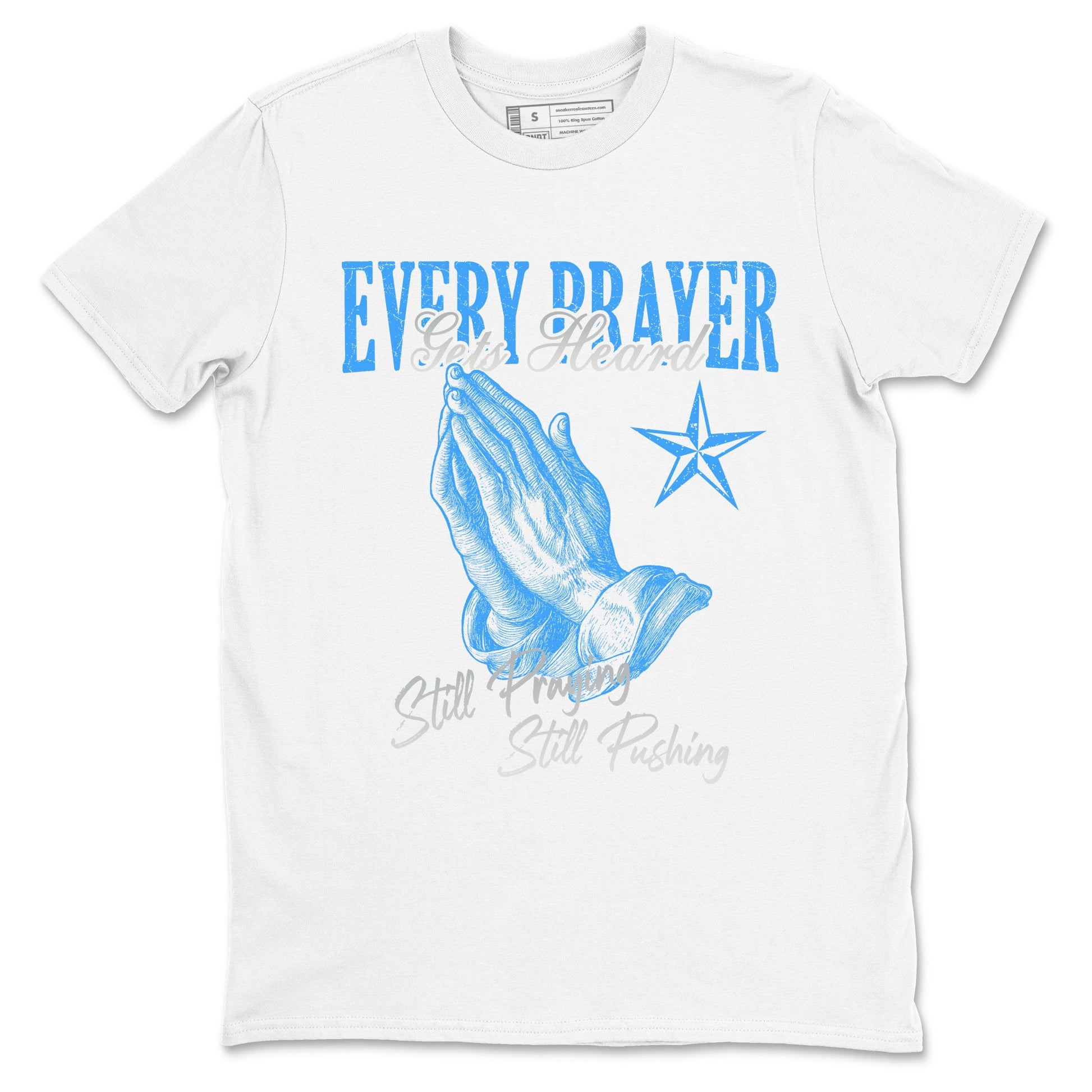Every Prayer Gets Heard sneaker match t-shirt styled to complete your fit with the Air Jordan 12 White and University Blue sneakers, shown in White 2.