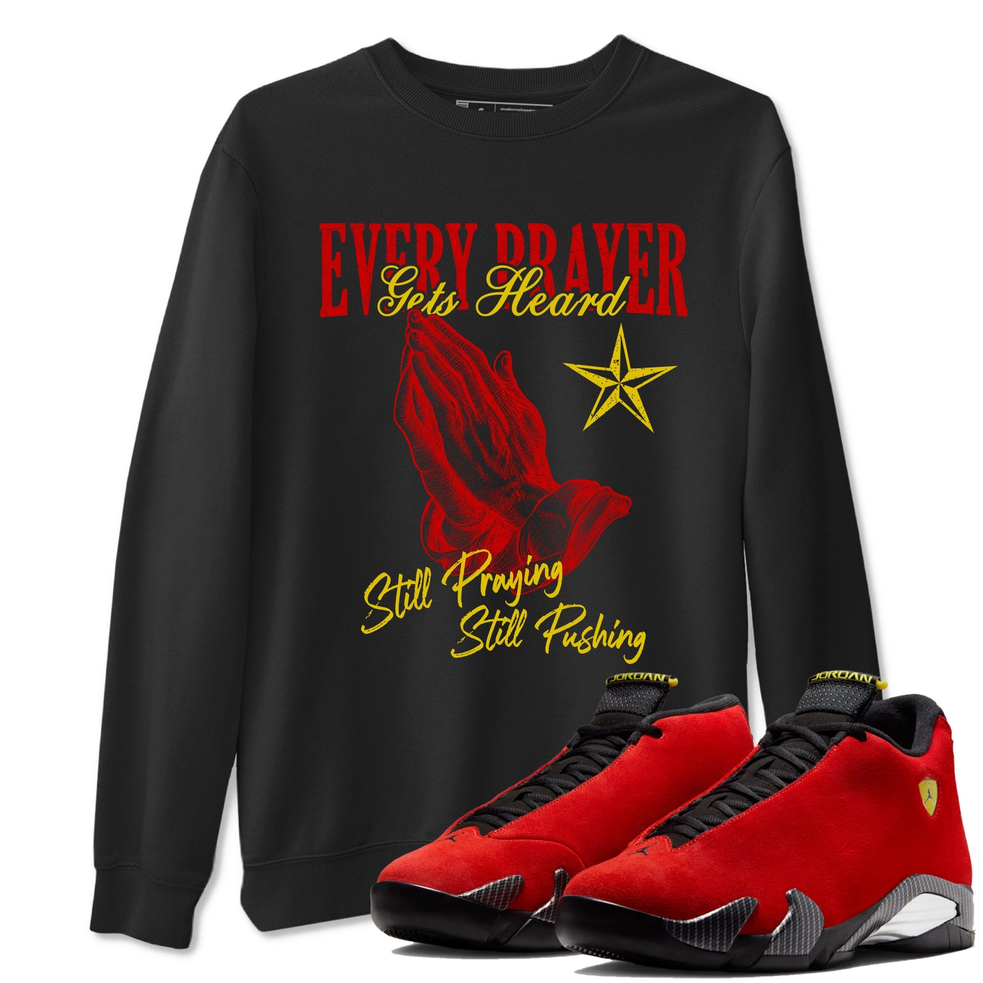Every Prayer Gets Heard sneaker match t-shirt styled to complete your fit with the Air Jordan 14 Challenge Red sneakers, AJ14 Ferrari,  shown in Black 1.