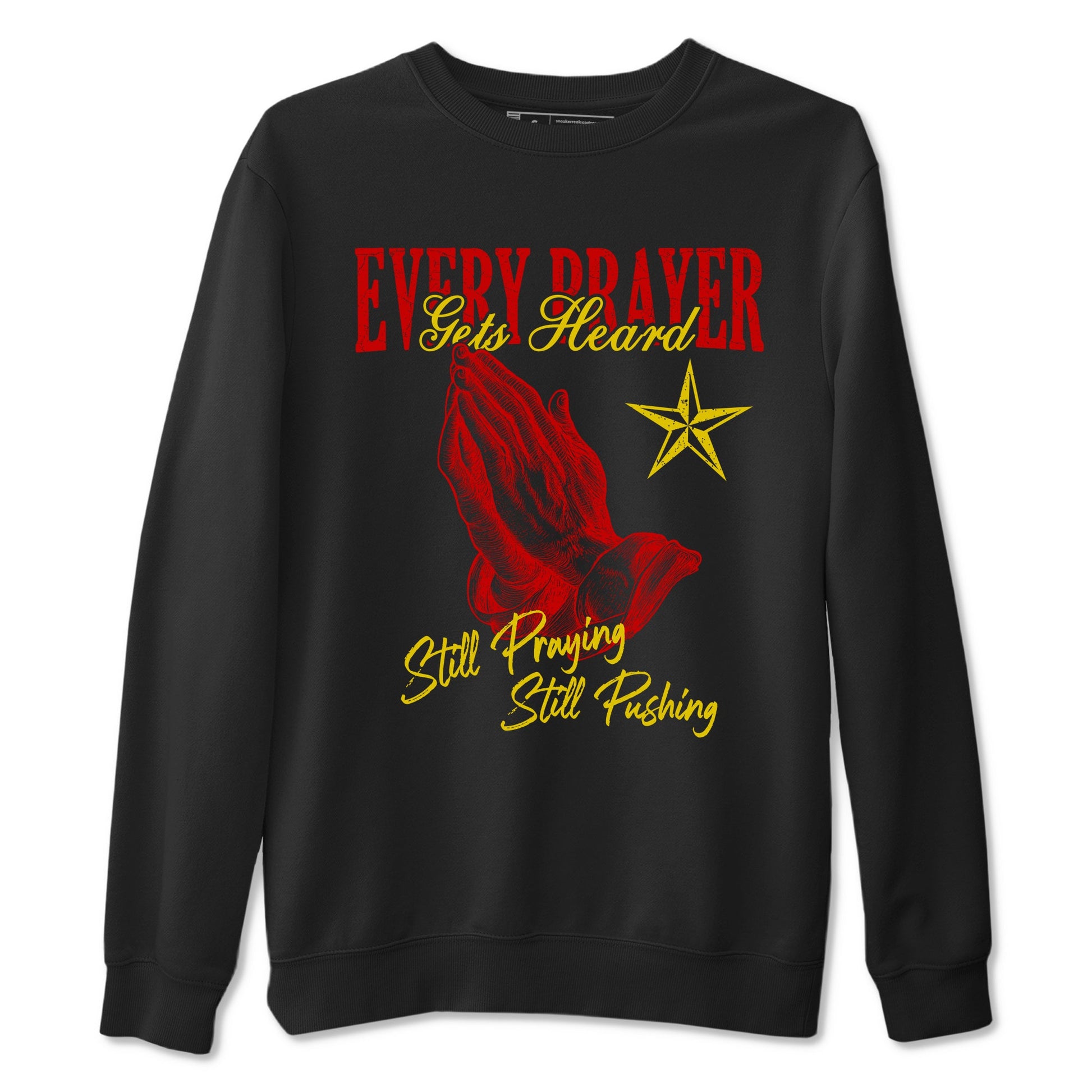 Every Prayer Gets Heard sneaker match t-shirt styled to complete your fit with the Air Jordan 14 Challenge Red sneakers, AJ14 Ferrari,  shown in Black 2.