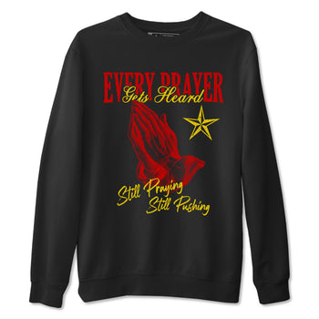 Every Prayer Gets Heard sneaker match t-shirt styled to complete your fit with the Air Jordan 14 Challenge Red sneakers, AJ14 Ferrari,  shown in Black 2.
