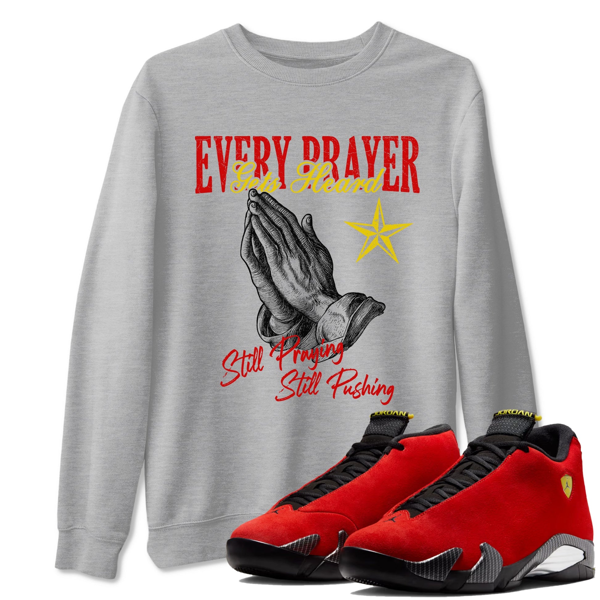 Every Prayer Gets Heard sneaker match t-shirt styled to complete your fit with the Air Jordan 14 Challenge Red sneakers, AJ14 Ferrari,  shown in Heather Grey 1.