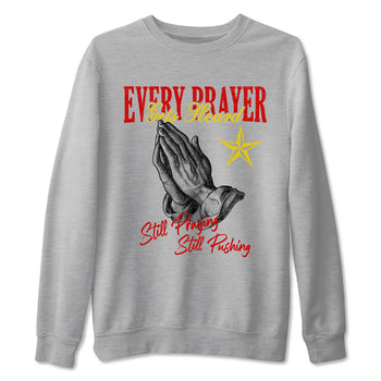 Every Prayer Gets Heard sneaker match t-shirt styled to complete your fit with the Air Jordan 14 Challenge Red sneakers, AJ14 Ferrari,  shown in Heather Grey 2.