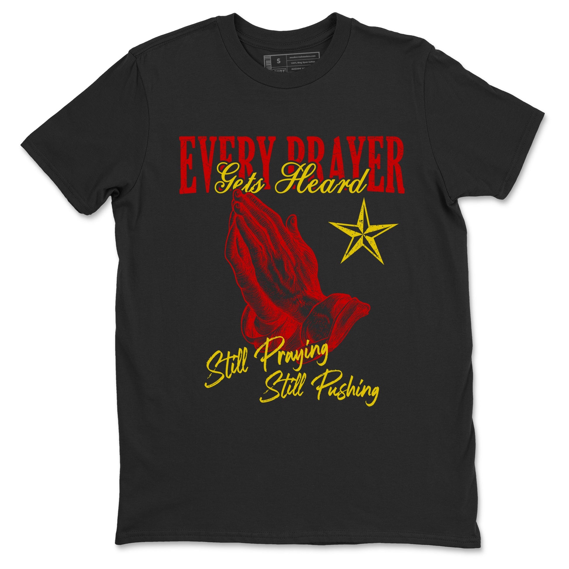 Every Prayer Gets Heard sneaker match t-shirt styled to complete your fit with the Air Jordan 14 Challenge Red sneakers, AJ14 Ferrari,  shown in Black 2.