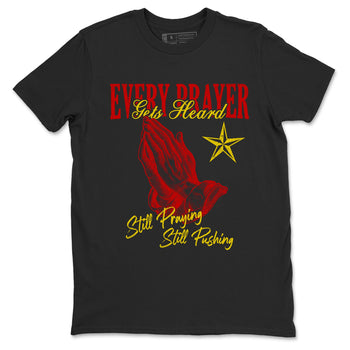 Every Prayer Gets Heard sneaker match t-shirt styled to complete your fit with the Air Jordan 14 Challenge Red sneakers, AJ14 Ferrari,  shown in Black 2.