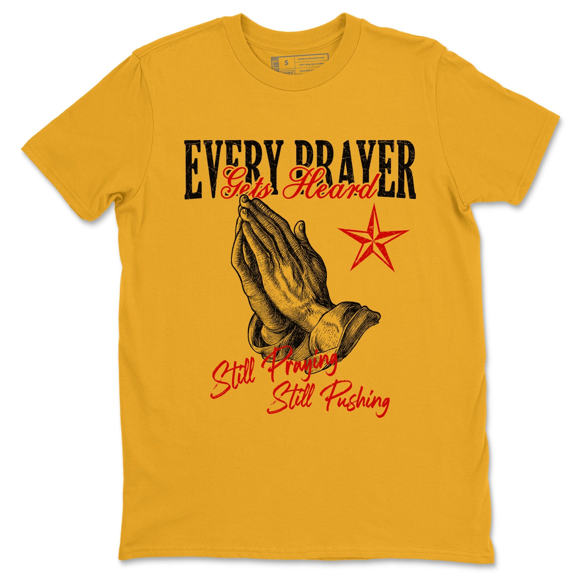 Every Prayer Gets Heard sneaker match t-shirt styled to complete your fit with the Air Jordan 14 Challenge Red sneakers, AJ14 Ferrari,  shown in Gold 2.