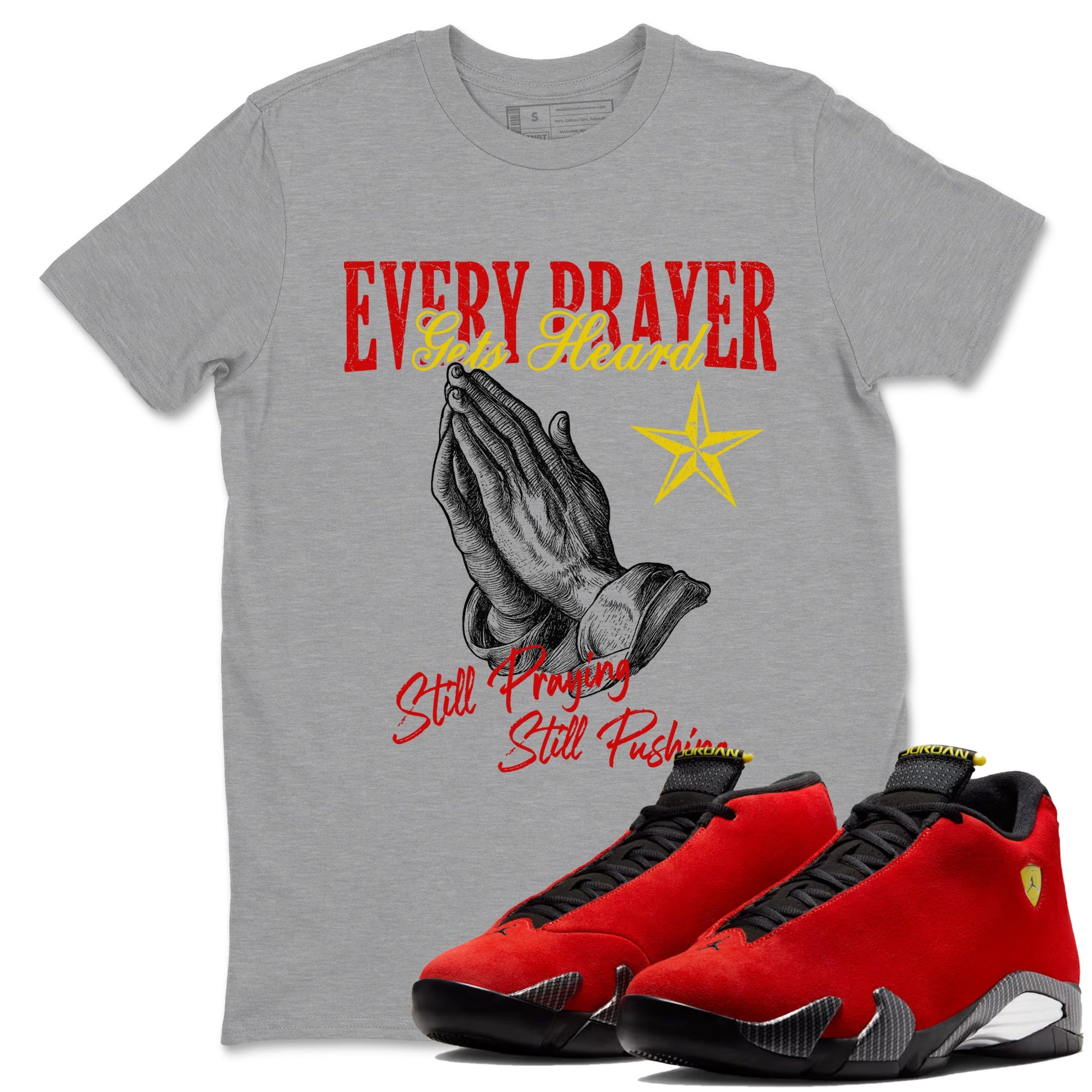 Every Prayer Gets Heard sneaker match t-shirt styled to complete your fit with the Air Jordan 14 Challenge Red sneakers, AJ14 Ferrari,  shown in Heather Grey 1.