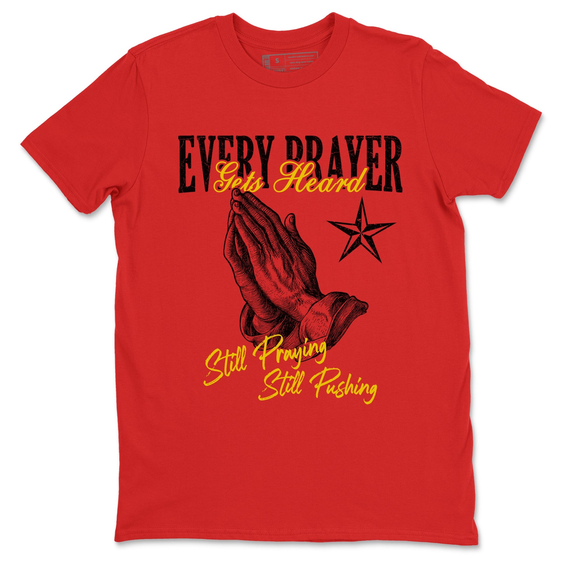 Every Prayer Gets Heard sneaker match t-shirt styled to complete your fit with the Air Jordan 14 Challenge Red sneakers, AJ14 Ferrari,  shown in Red 2.