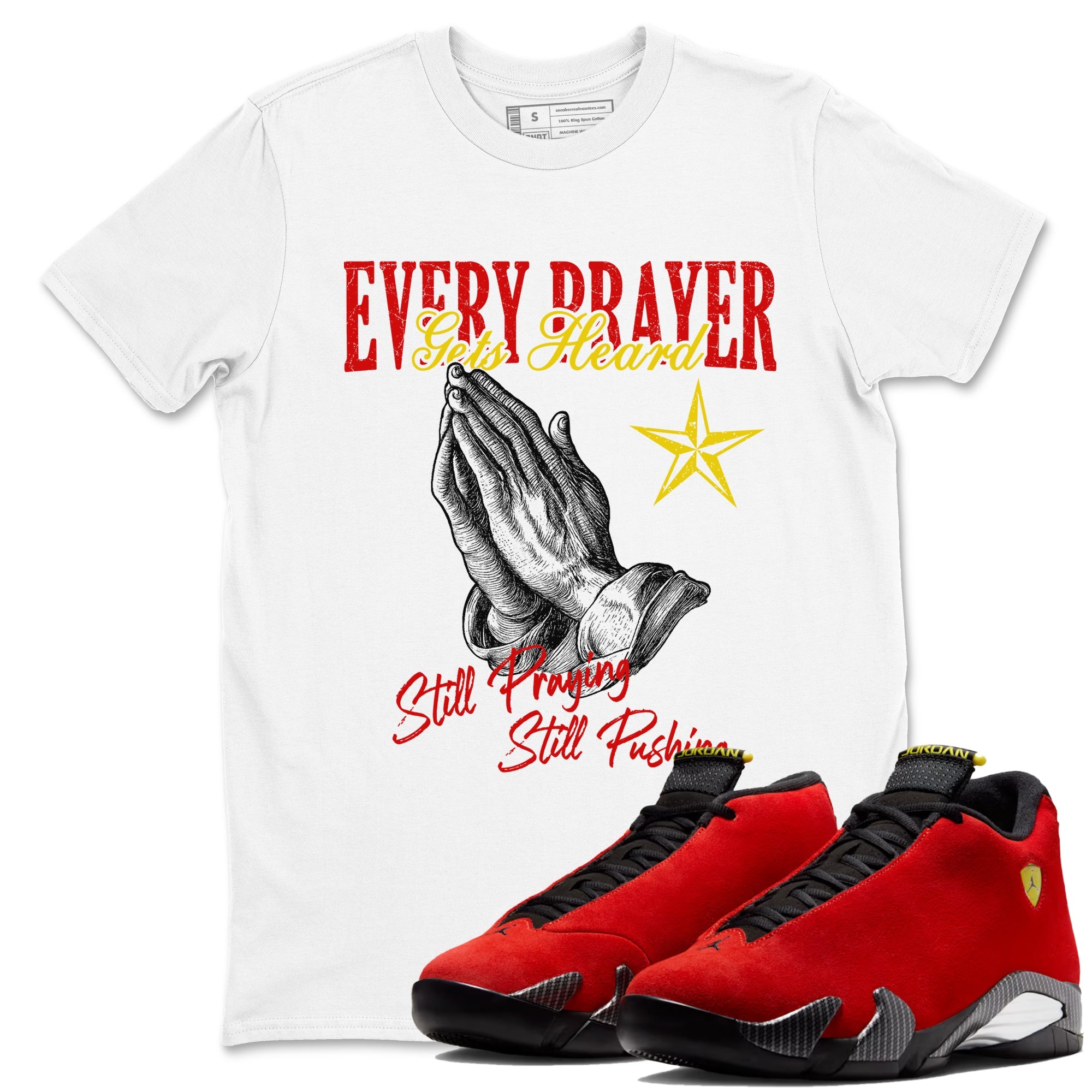 Every Prayer Gets Heard sneaker match t-shirt styled to complete your fit with the Air Jordan 14 Challenge Red sneakers, AJ14 Ferrari,  shown in White 1.