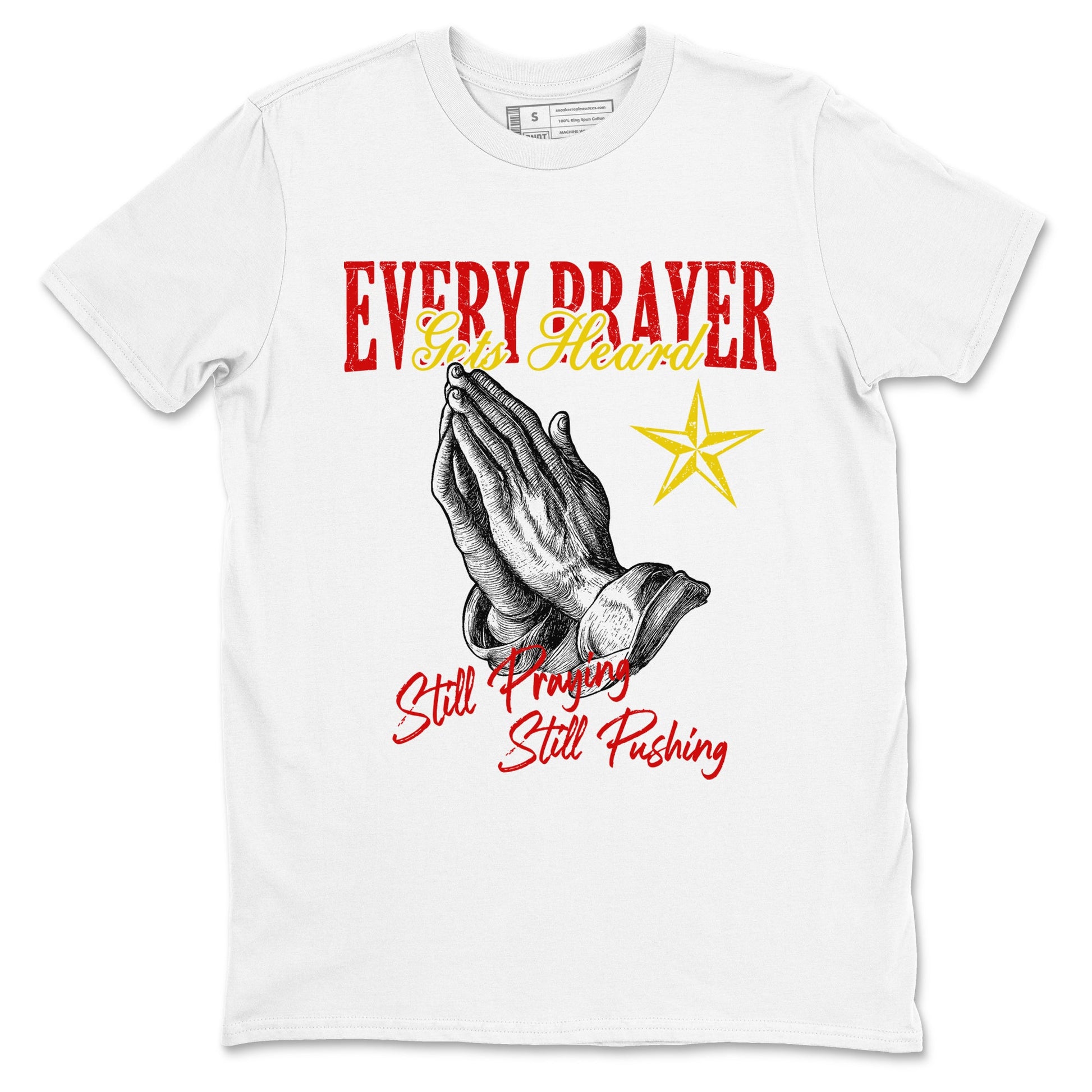 Every Prayer Gets Heard sneaker match t-shirt styled to complete your fit with the Air Jordan 14 Challenge Red sneakers, AJ14 Ferrari,  shown in White 2.
