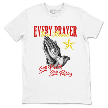 Every Prayer Gets Heard sneaker match t-shirt styled to complete your fit with the Air Jordan 14 Challenge Red sneakers, AJ14 Ferrari,  shown in White 2.