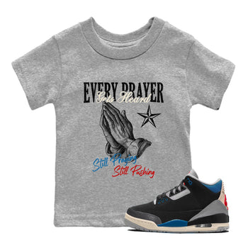 Every Prayer Gets Heard baby and kids t-shirt crafted for little sneakerheads to shine with the Air Jordan 3 Rare Air sneakers, displayed in Heather Grey 1.