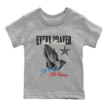 Every Prayer Gets Heard baby and kids t-shirt crafted for little sneakerheads to shine with the Air Jordan 3 Rare Air sneakers, displayed in Heather Grey 2.