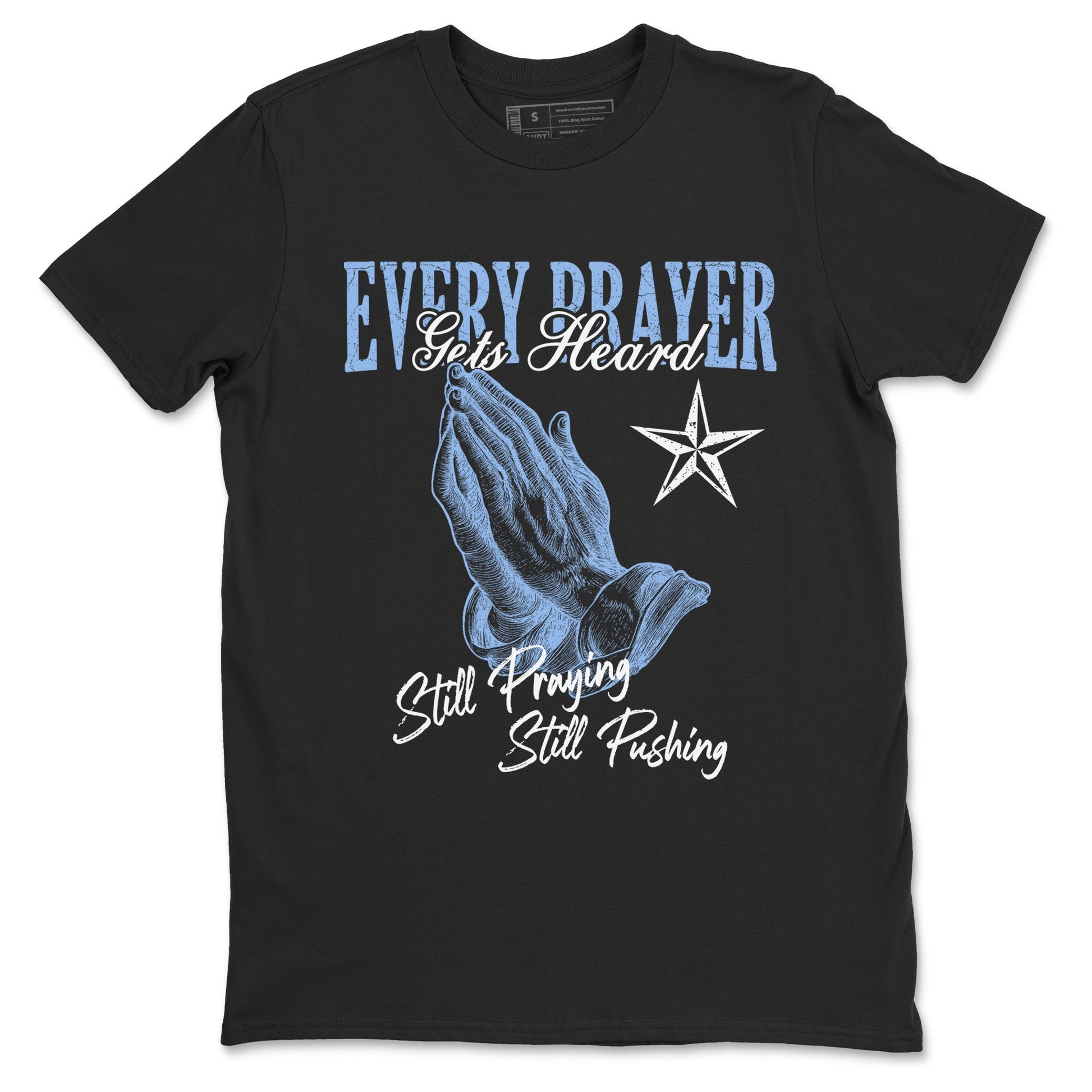 Every Prayer Gets Heard sneaker match t-shirt styled to complete your fit with the Air Jordan 4 Aluminum sneakers, shown in Black 2.