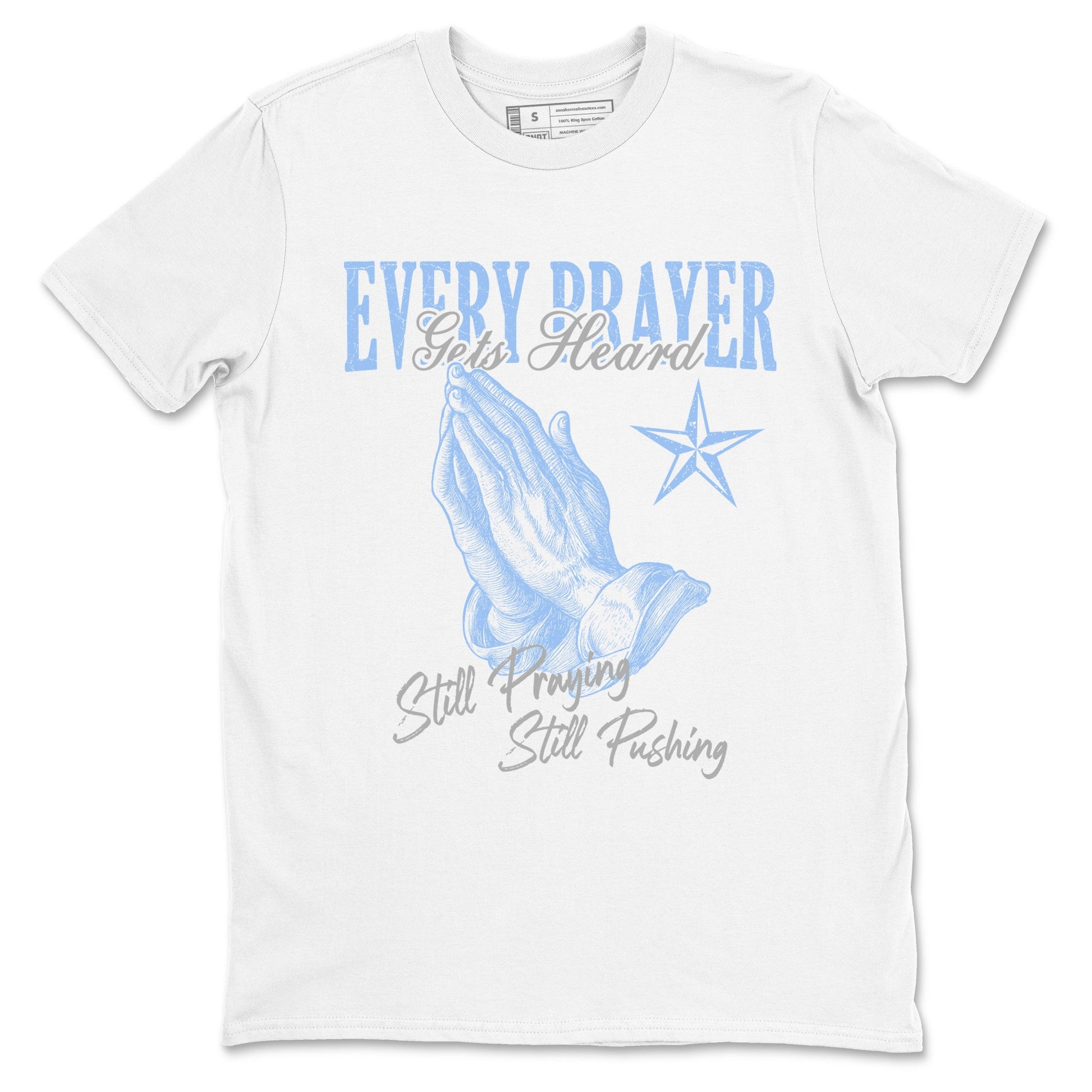 Every Prayer Gets Heard sneaker match t-shirt styled to complete your fit with the Air Jordan 4 Aluminum sneakers, shown in White 2.