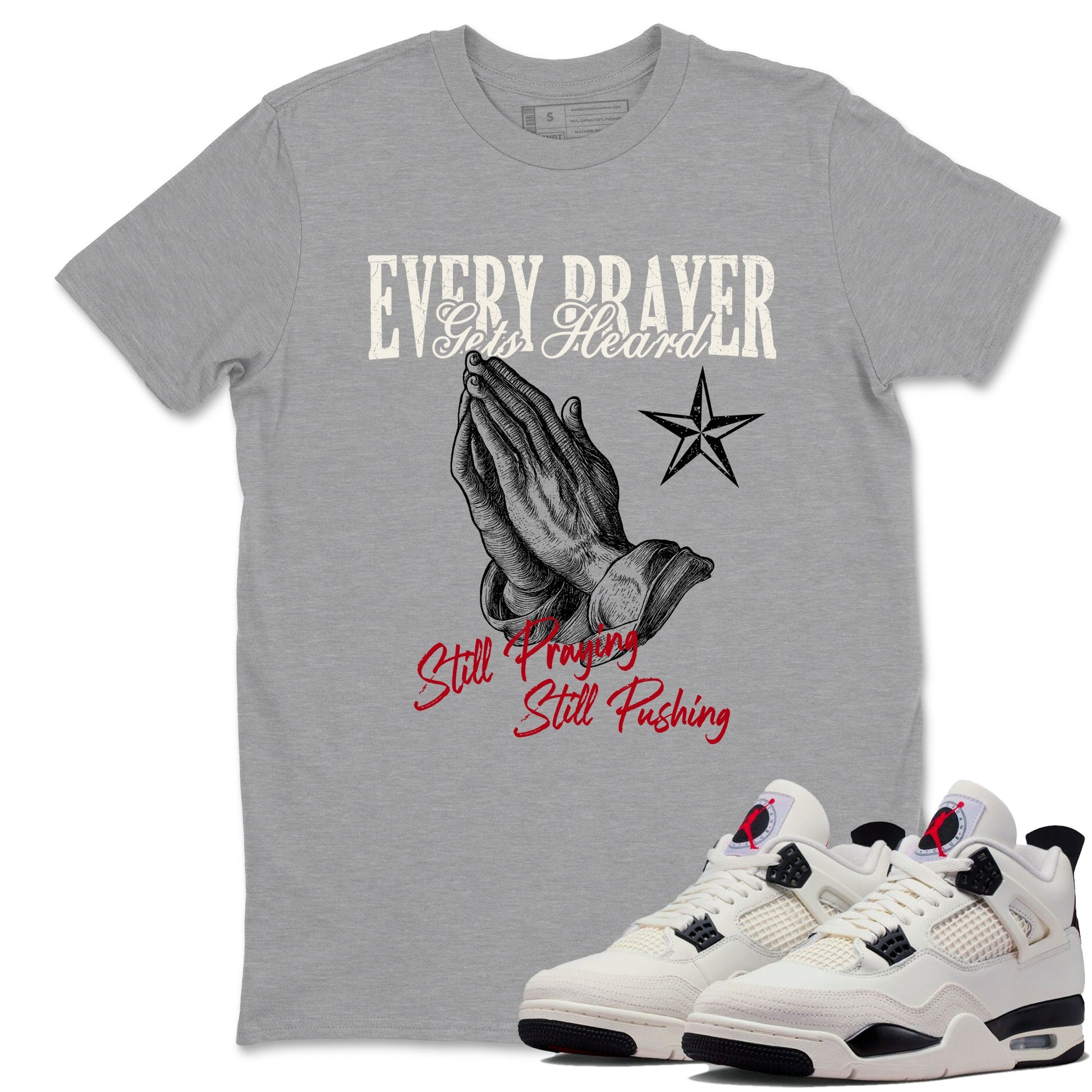 Sneaker match tees – Sneaker Tees To Match Air Jordan 4 Flight Club Shoes – Every Prayer Gets Heard Tee Heather Grey 1