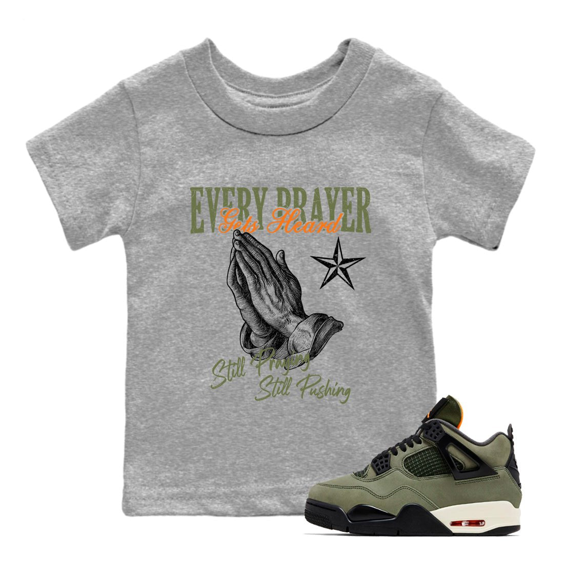 Sneaker match tees – Sneaker Tees To Match Undefeated inspired colorways Air Jordan 4 OG Olive Shoes – Every Prayer Gets Heard Kids T-Shirt Heather Grey 1