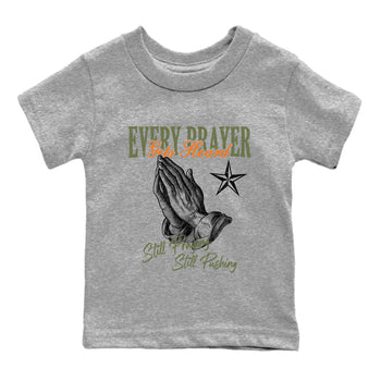 Sneaker match tees – Sneaker Tees To Match Undefeated inspired colorways Air Jordan 4 OG Olive Shoes – Every Prayer Gets Heard Kids T-Shirt Heather Grey 2