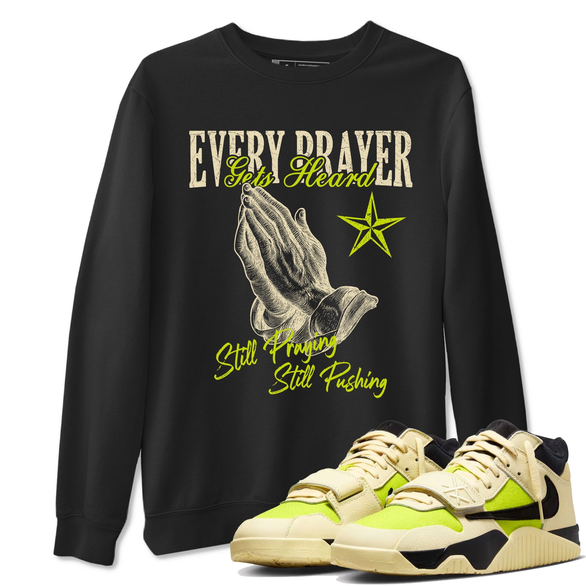 Every Prayer Gets Heard sneaker match t-shirt styled to complete your fit with the Jordan Jumpman Jack Travis Scott Bright Cactus sneakers, shown in Black 1.