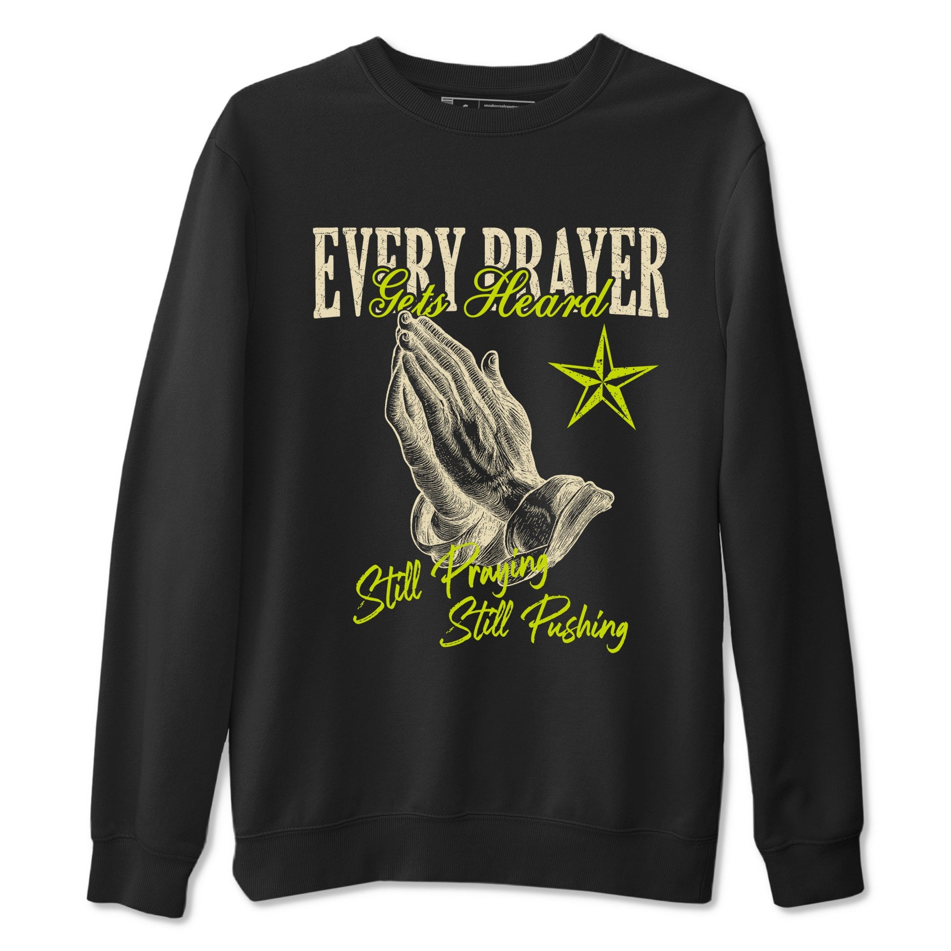Every Prayer Gets Heard sneaker match t-shirt styled to complete your fit with the Jordan Jumpman Jack Travis Scott Bright Cactus sneakers, shown in Black 2.