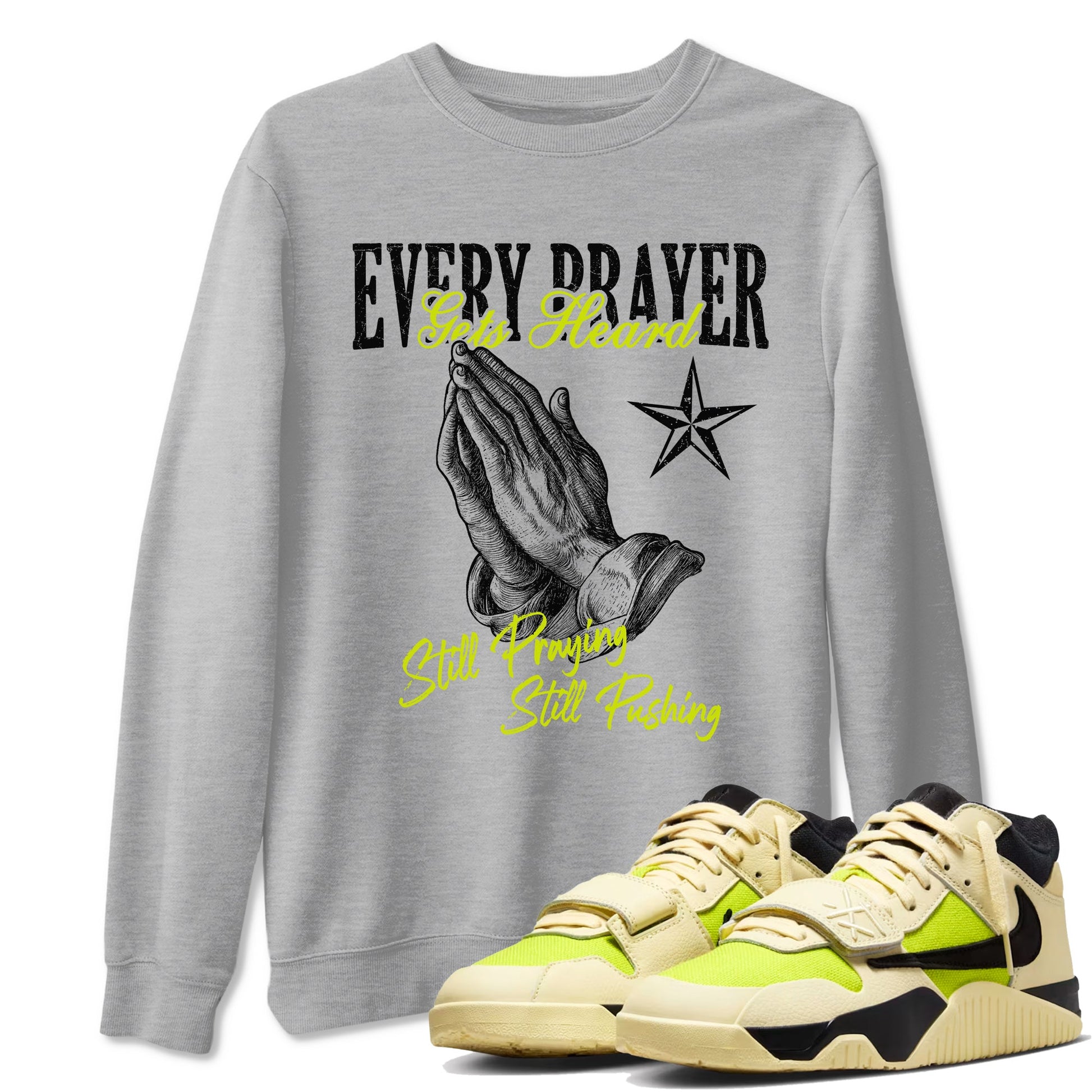 Every Prayer Gets Heard sneaker match t-shirt styled to complete your fit with the Jordan Jumpman Jack Travis Scott Bright Cactus sneakers, shown in Heather Grey 1.