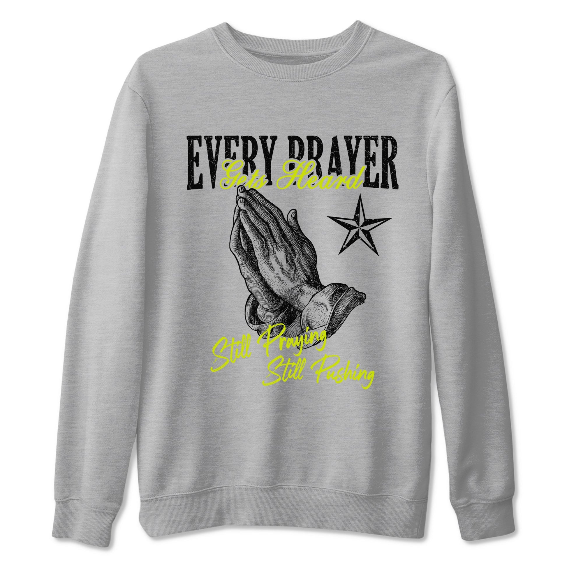 Every Prayer Gets Heard sneaker match t-shirt styled to complete your fit with the Jordan Jumpman Jack Travis Scott Bright Cactus sneakers, shown in Heather Grey 2.