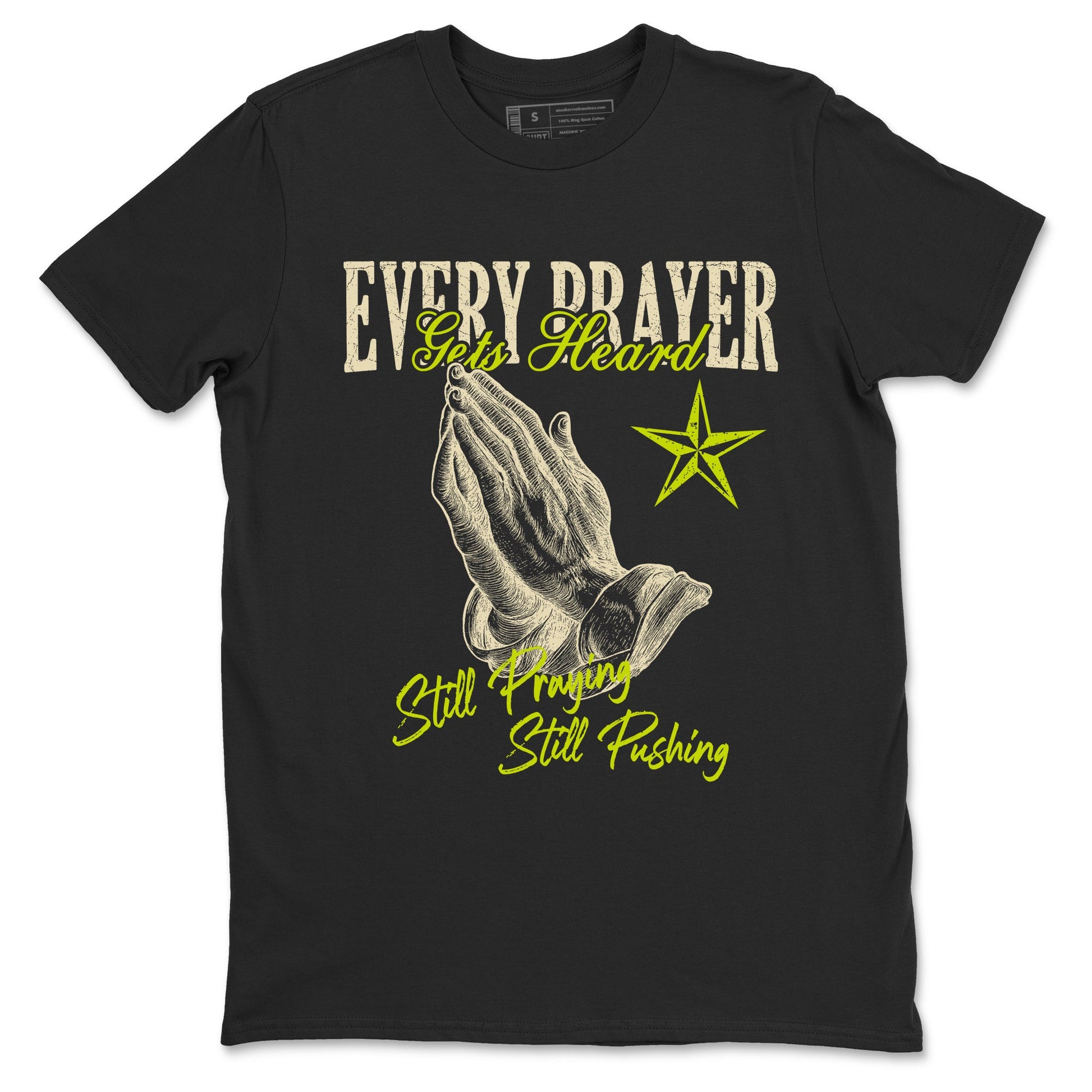 Every Prayer Gets Heard sneaker match t-shirt styled to complete your fit with the Jordan Jumpman Jack Travis Scott Bright Cactus sneakers, shown in Black 2.