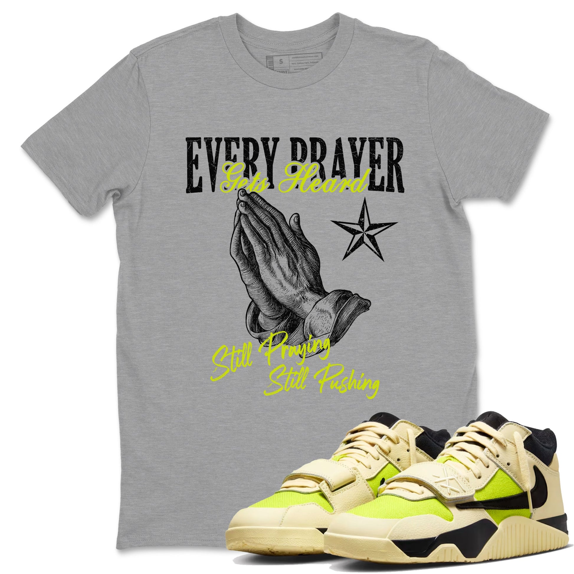 Every Prayer Gets Heard sneaker match t-shirt styled to complete your fit with the Jordan Jumpman Jack Travis Scott Bright Cactus sneakers, shown in Heather Grey 1.
