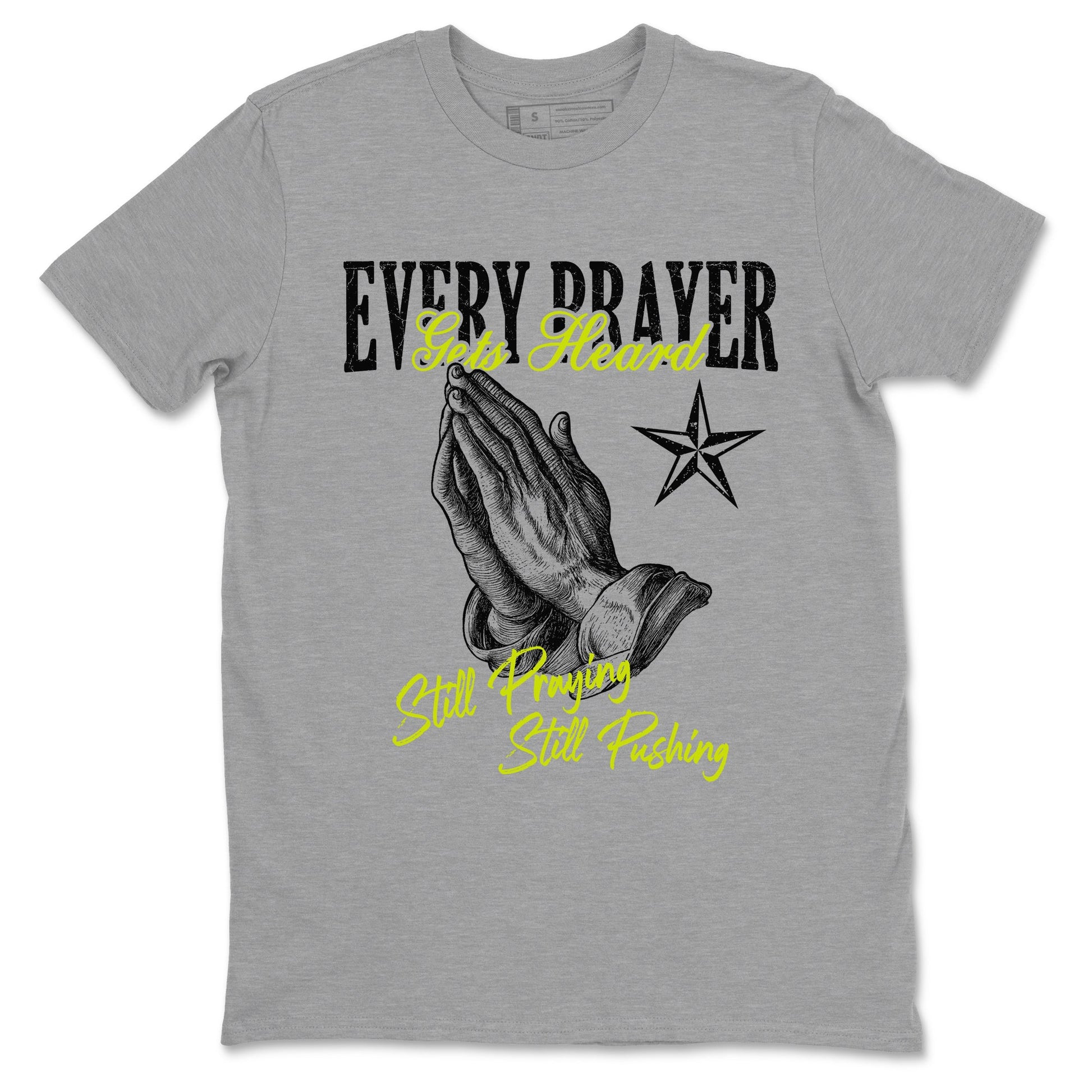 Every Prayer Gets Heard sneaker match t-shirt styled to complete your fit with the Jordan Jumpman Jack Travis Scott Bright Cactus sneakers, shown in Heather Grey 2.
