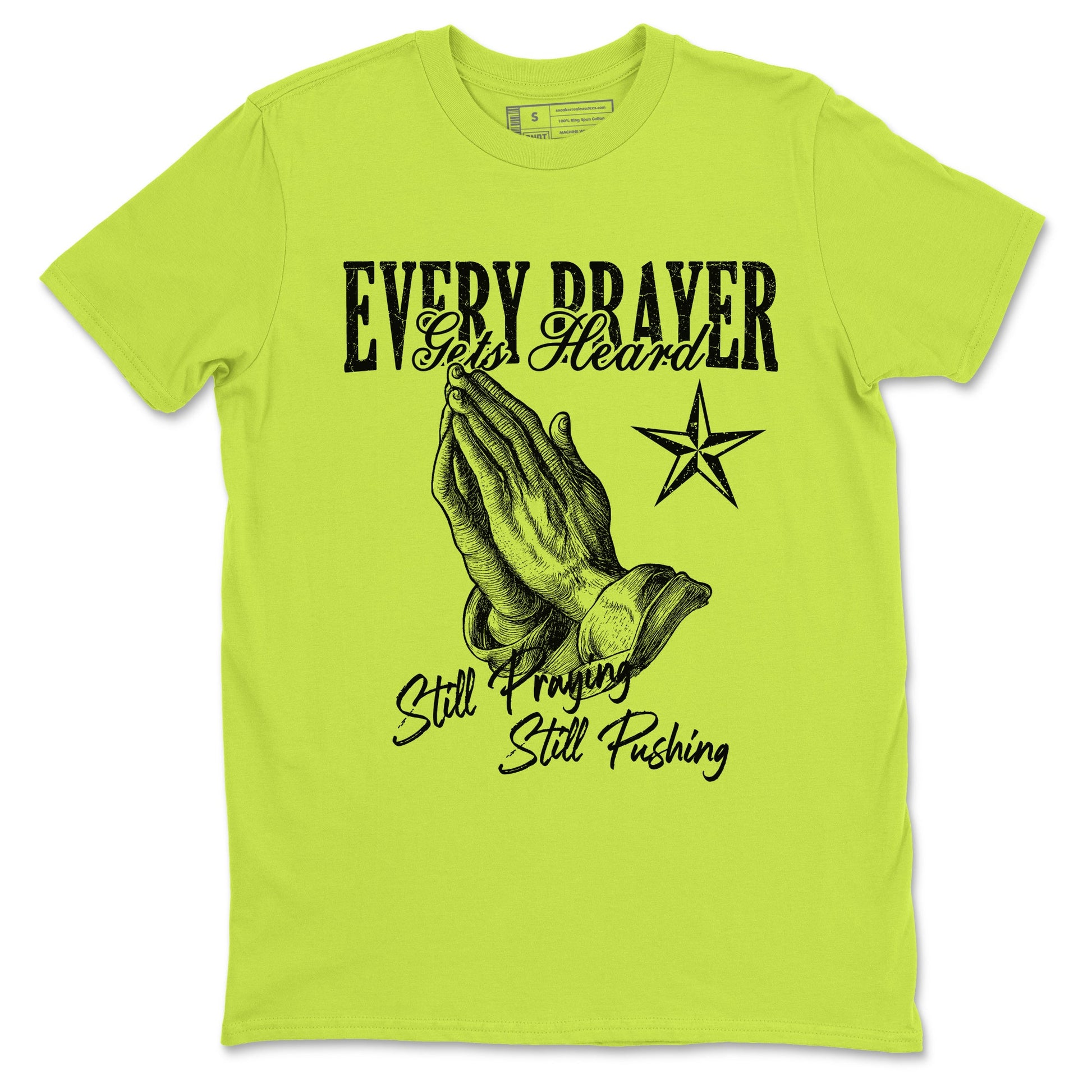 Every Prayer Gets Heard sneaker match t-shirt styled to complete your fit with the Jordan Jumpman Jack Travis Scott Bright Cactus sneakers, shown in Safety Green 2.