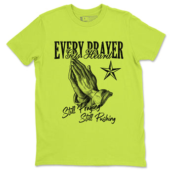 Every Prayer Gets Heard sneaker match t-shirt styled to complete your fit with the Jordan Jumpman Jack Travis Scott Bright Cactus sneakers, shown in Safety Green 2.