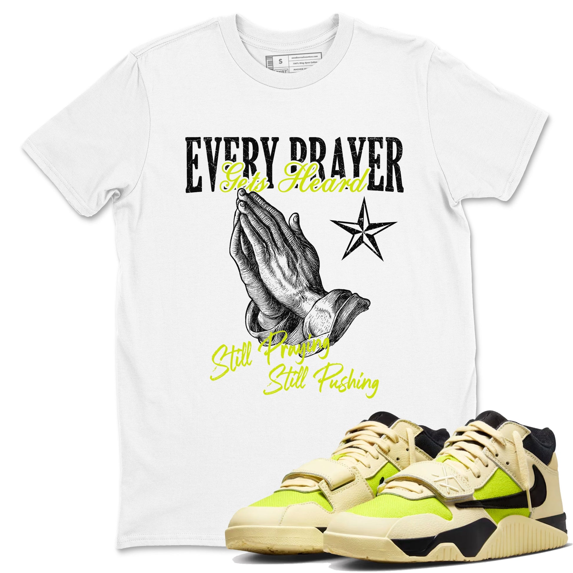 Every Prayer Gets Heard sneaker match t-shirt styled to complete your fit with the Jordan Jumpman Jack Travis Scott Bright Cactus sneakers, shown in White 1.