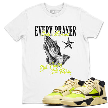 Every Prayer Gets Heard sneaker match t-shirt styled to complete your fit with the Jordan Jumpman Jack Travis Scott Bright Cactus sneakers, shown in White 1.