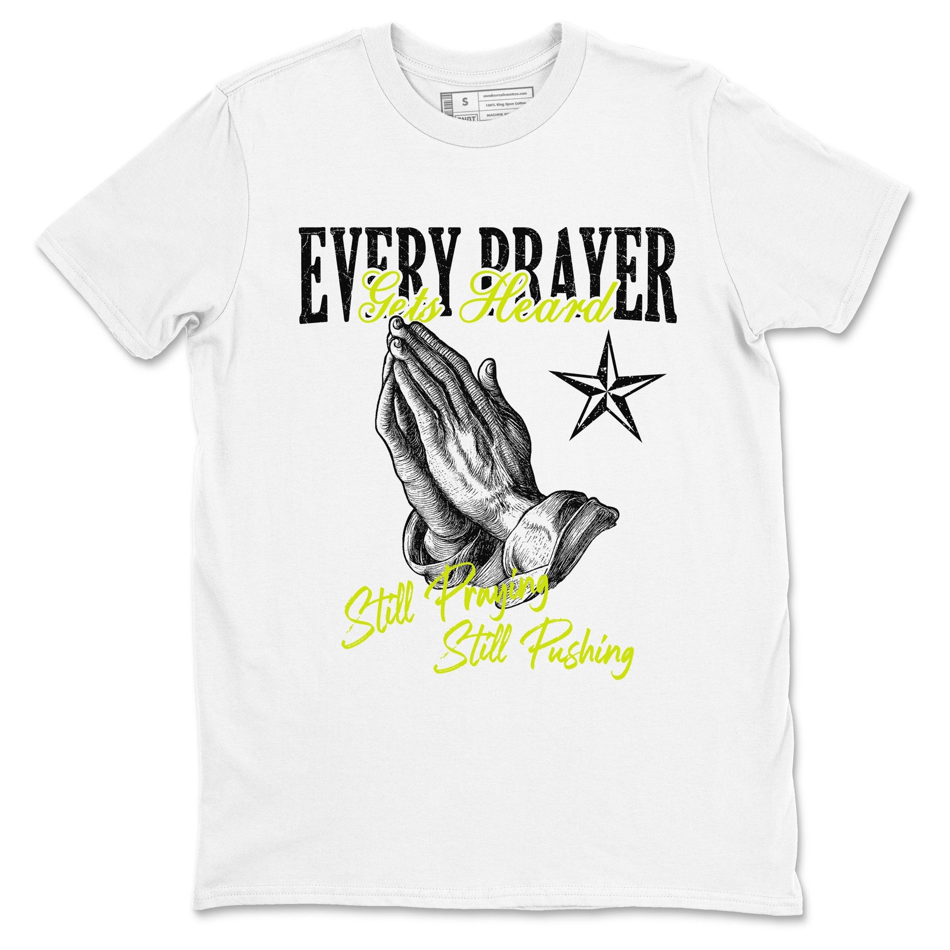 Every Prayer Gets Heard sneaker match t-shirt styled to complete your fit with the Jordan Jumpman Jack Travis Scott Bright Cactus sneakers, shown in White 2.