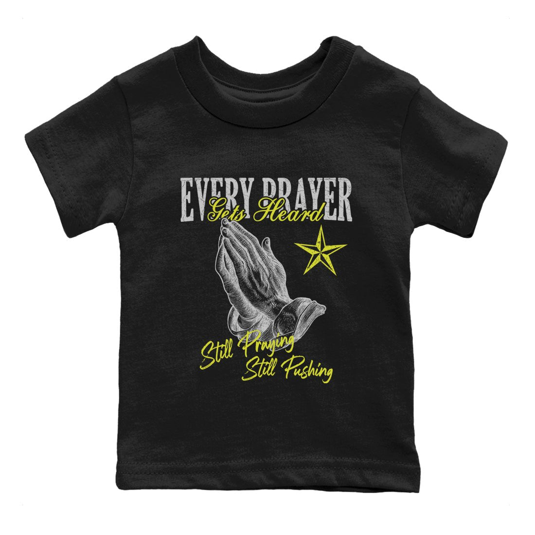 Every Prayer Gets Heard baby and kids t-shirt crafted for little sneakerheads to shine with the Air Max 90 Cyber sneakers, displayed in Black 2.