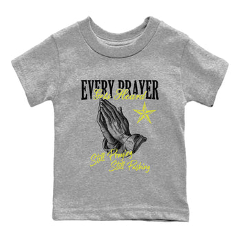 Every Prayer Gets Heard baby and kids t-shirt crafted for little sneakerheads to shine with the Air Max 90 Cyber sneakers, displayed in Heather Grey 2.